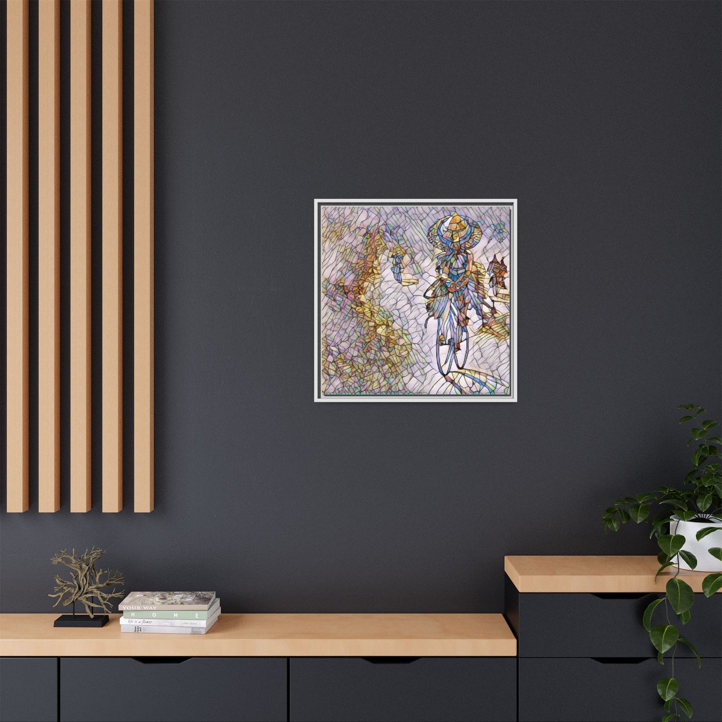 Abstract Cyclist Stained-Glass Art Print — Framed Matte Canvas