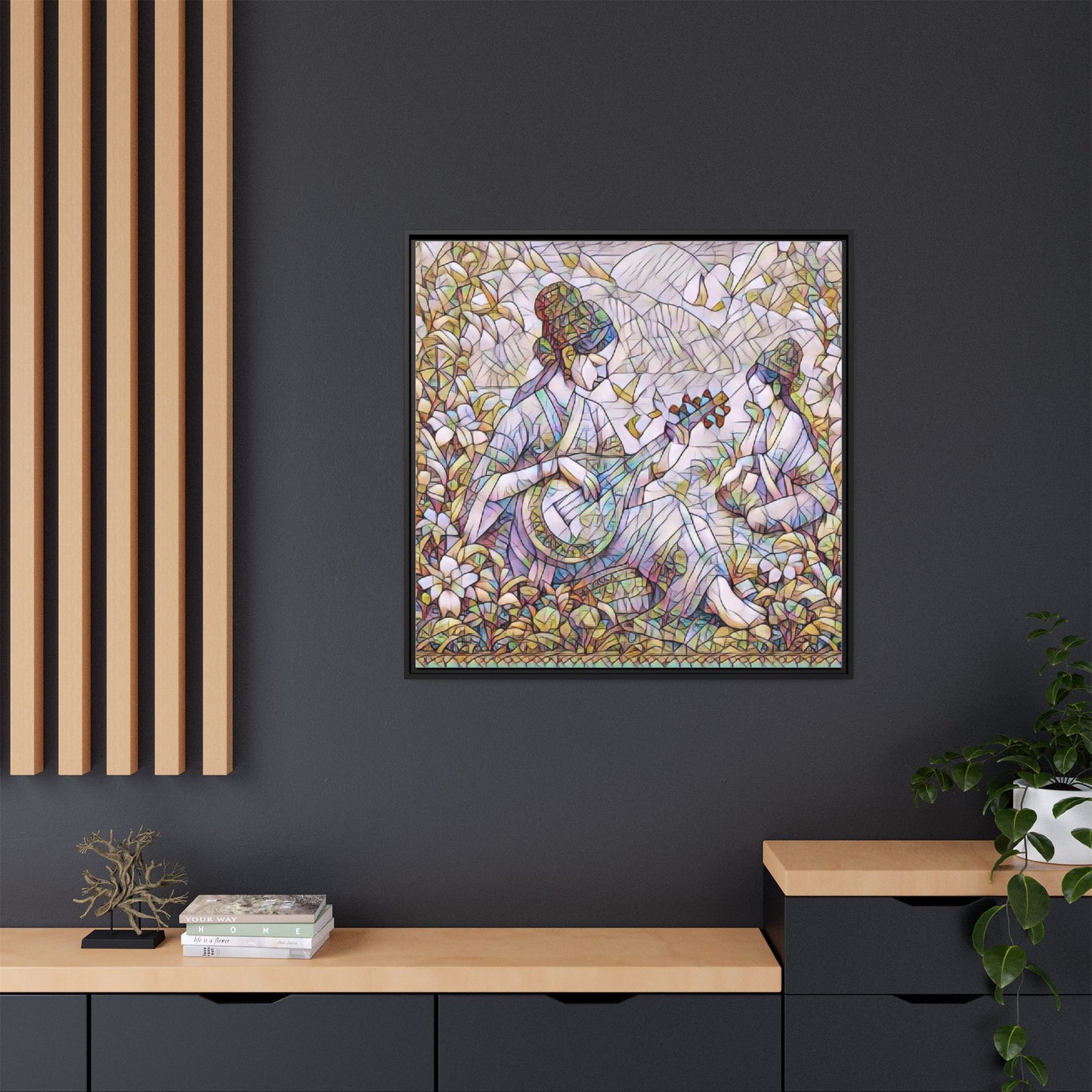 Framed Matte Canvas Art - Vintage Asian Musicians Floral Illustration