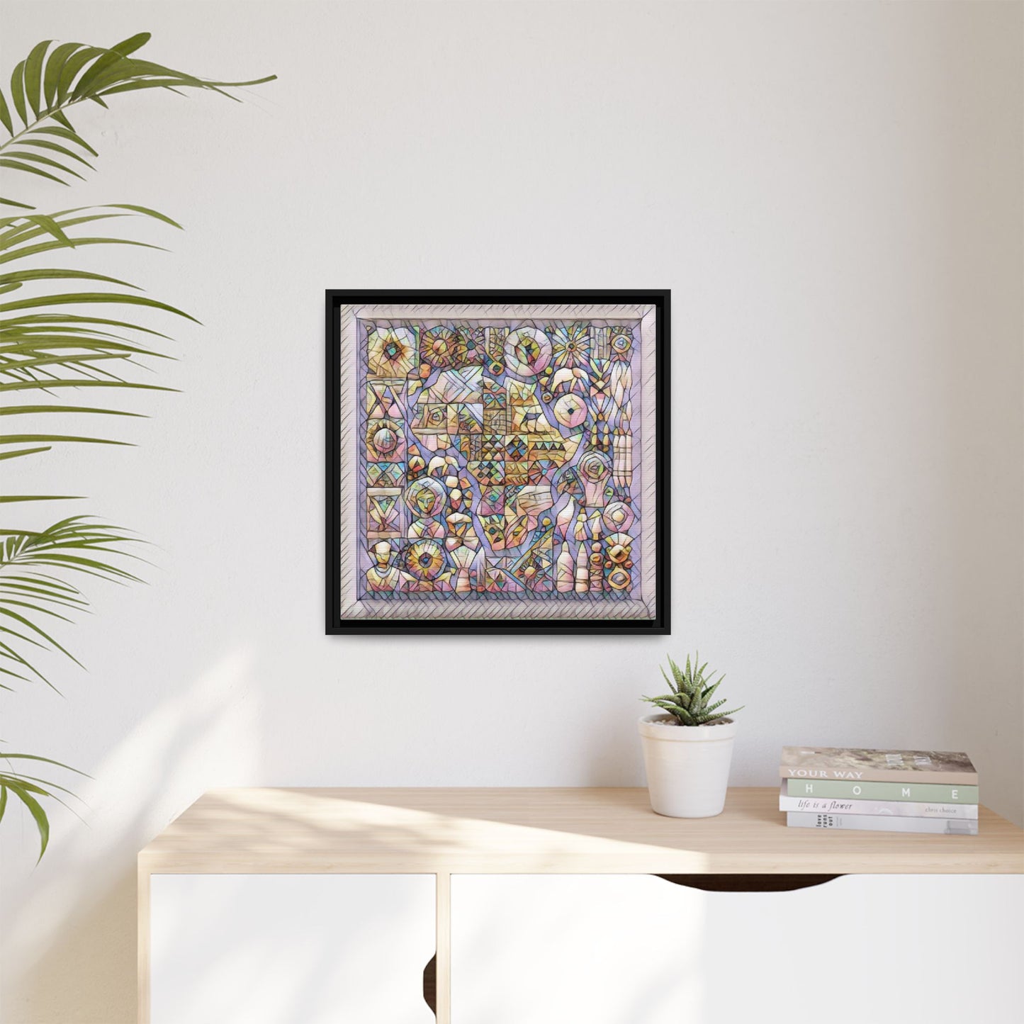 Framed Abstract Mosaic Matte Canvas Art — Pastel Geometric Wall Decor