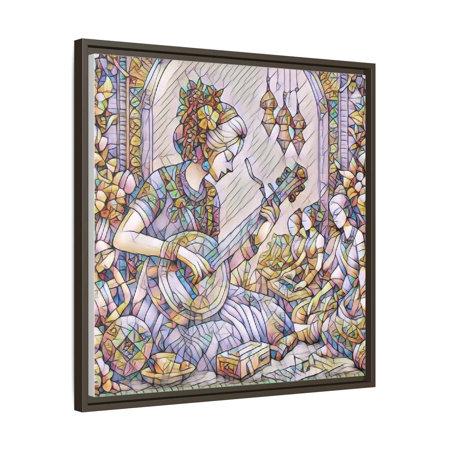 Framed Matte Canvas: Bohemian Woman Playing Lute — Stained-Glass Style Wall Art