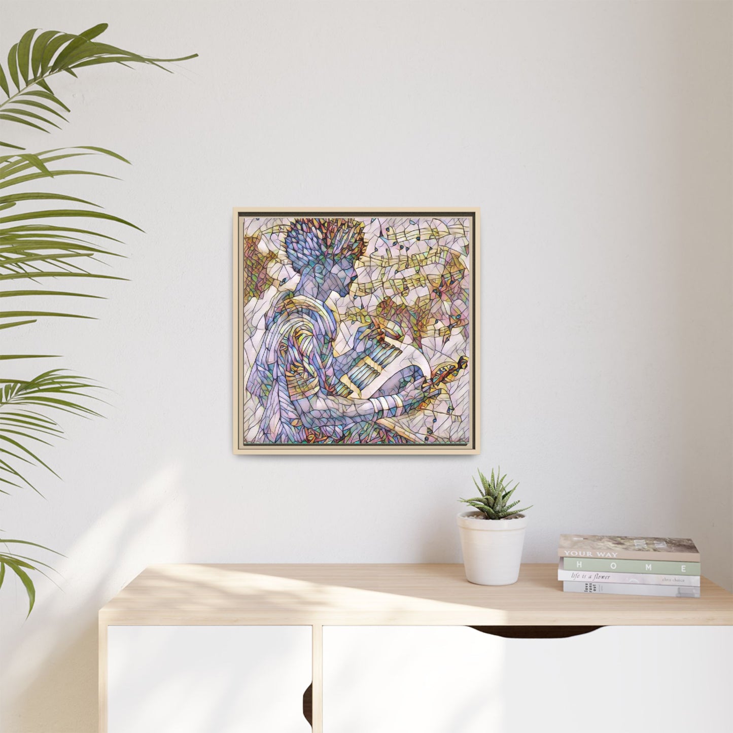 Abstract Jazz Musician Framed Canvas Art — Colorful Stained-Glass Style Wall Decor