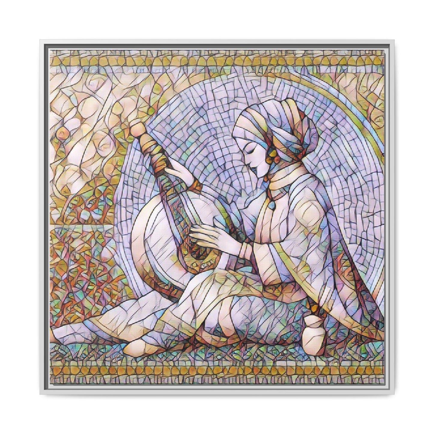 Framed Matte Canvas: Mosaic Lute Player Wall Art — Bohemian Musical Portrait