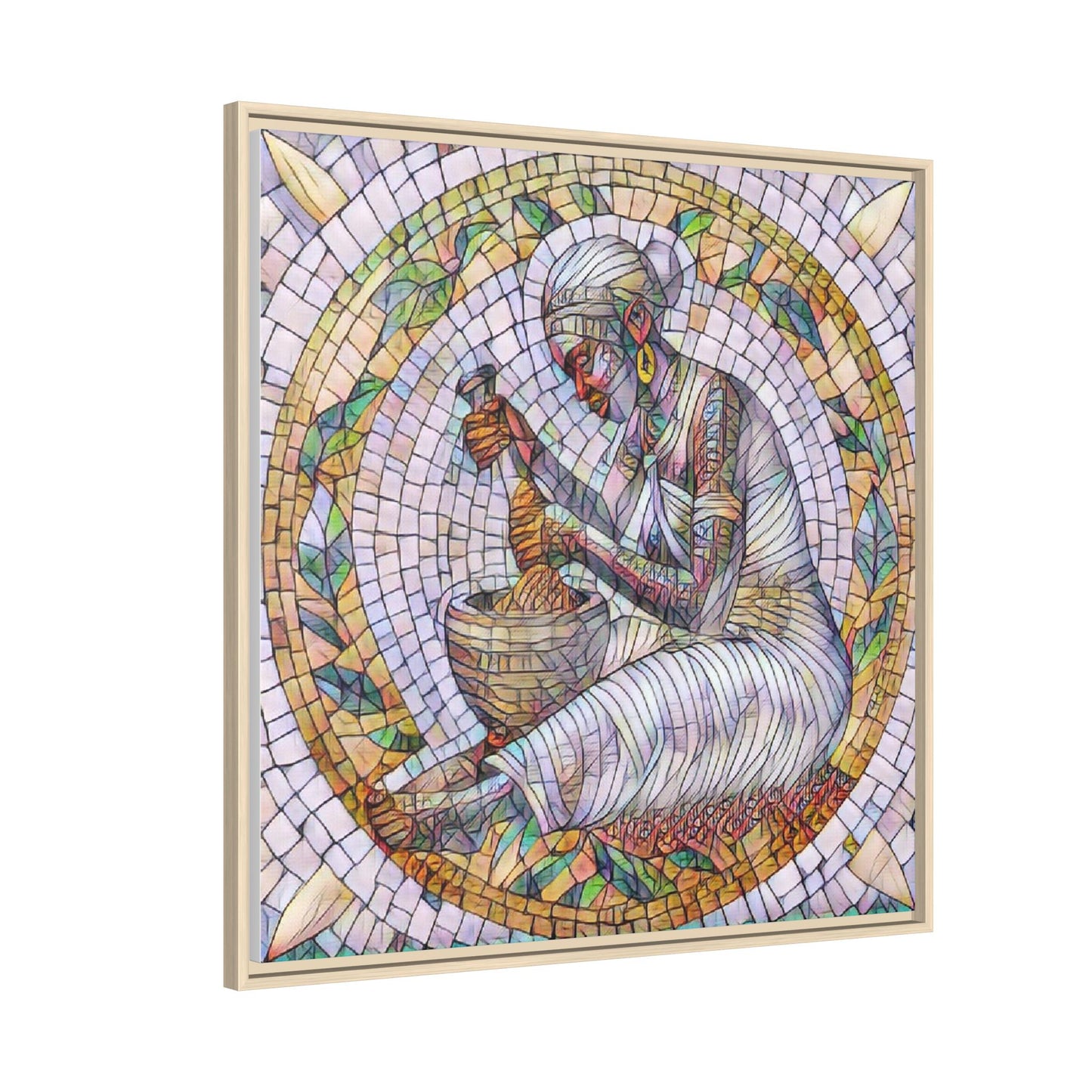 Framed Mosaic Art Print — Woman Grinding Grain (Matte Canvas)