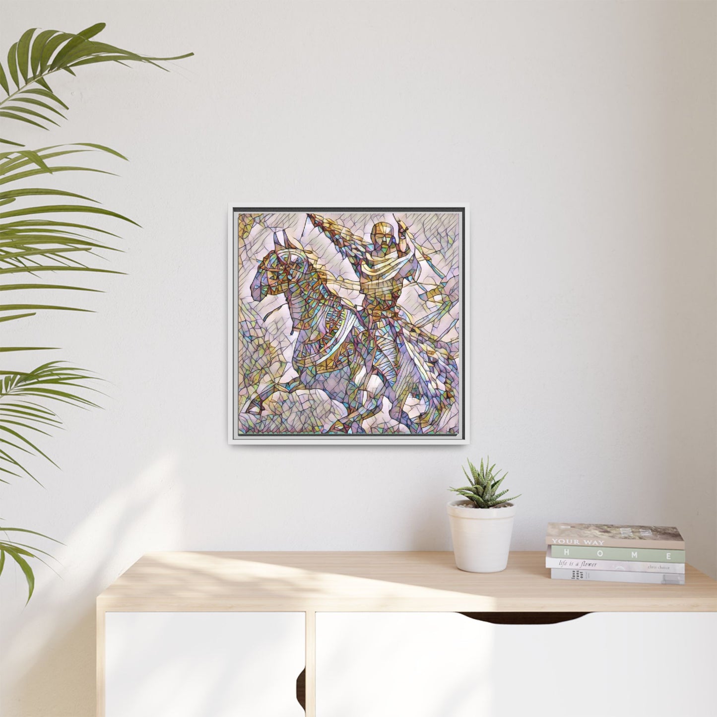 Framed Matte Canvas Print — Stained Glass Knight on Horse Artwork