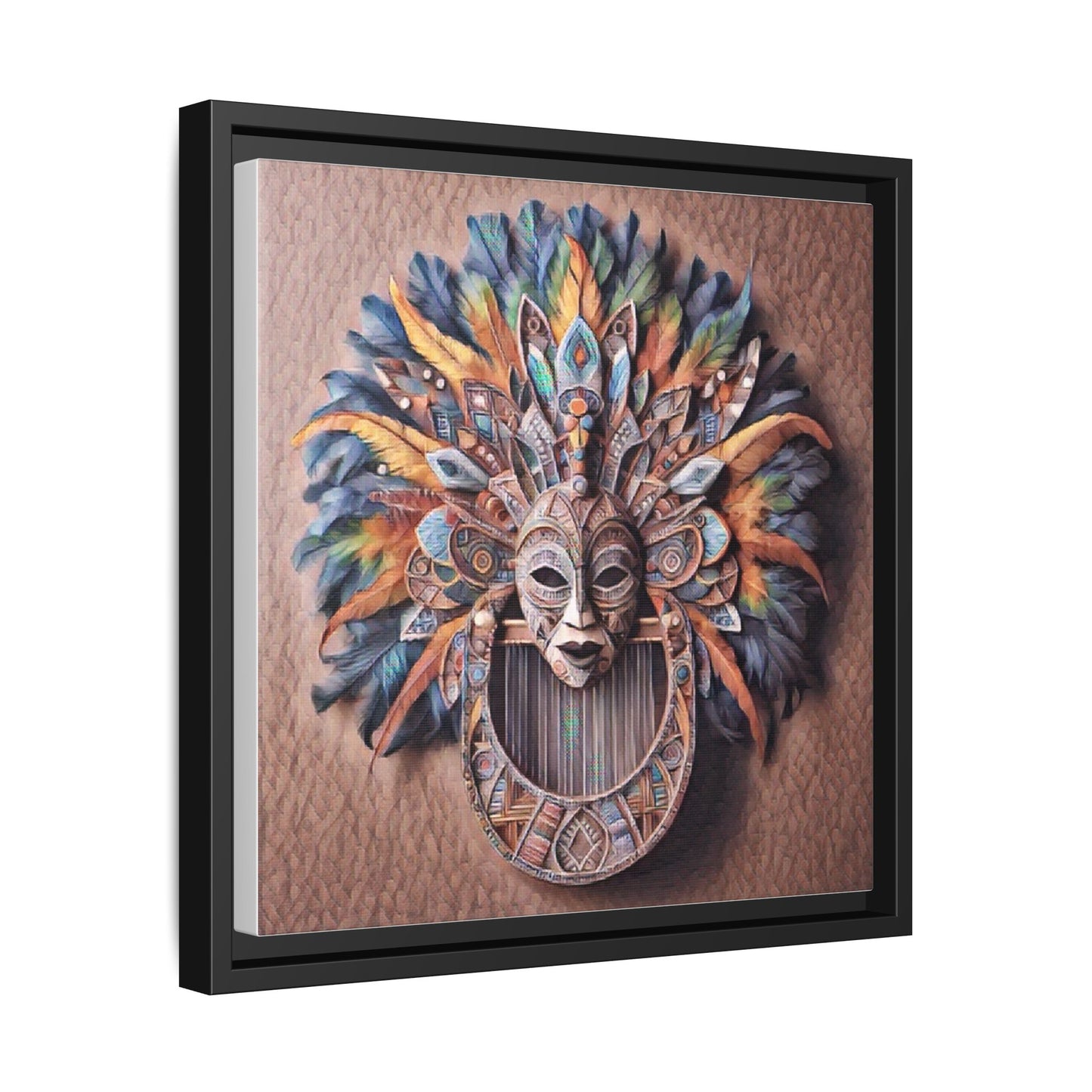 Tribal Feather Mask Framed Canvas Wall Art — Colorful Boho Decorative Print