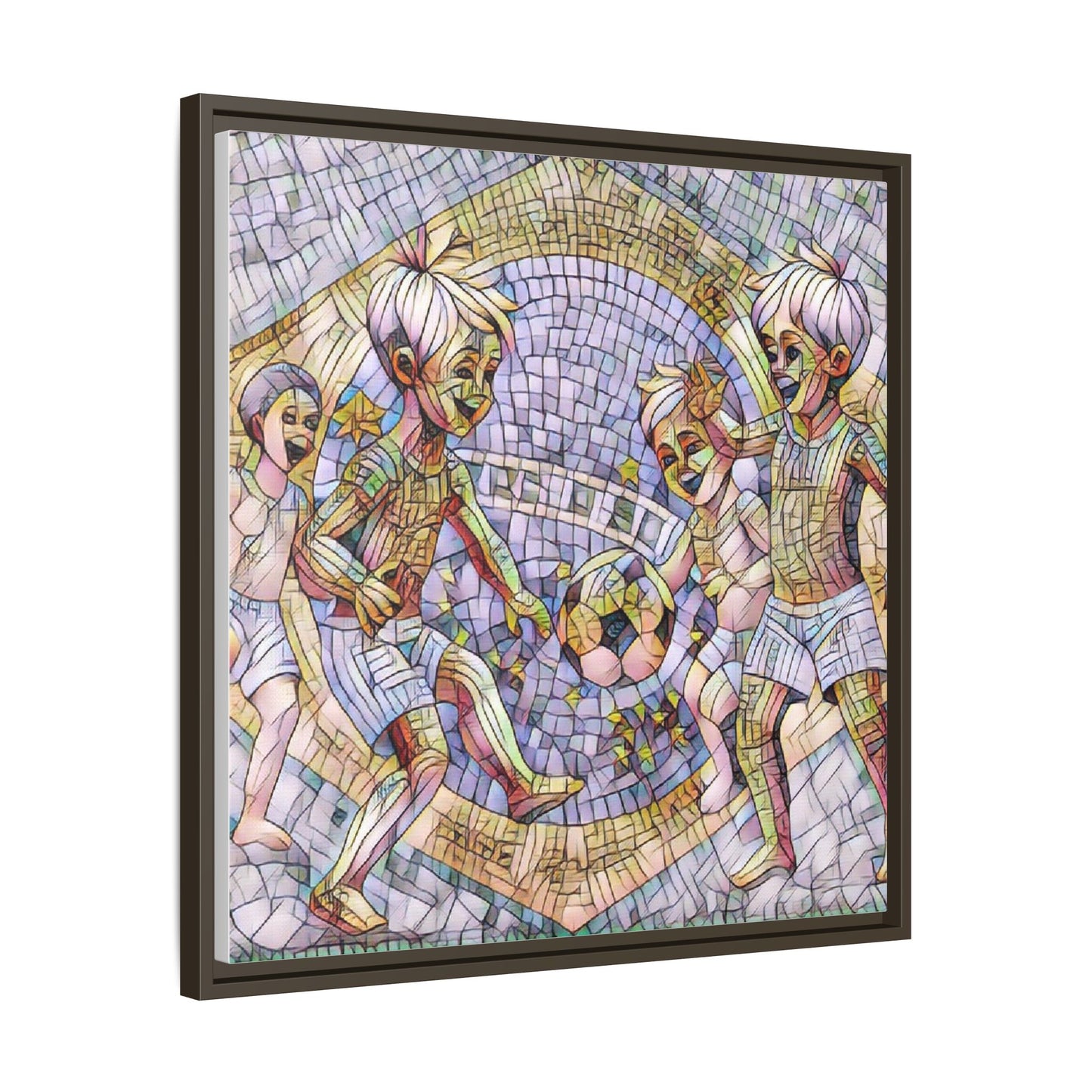 Framed Matte Canvas – Vintage Mosaic Kids Playing Soccer Art