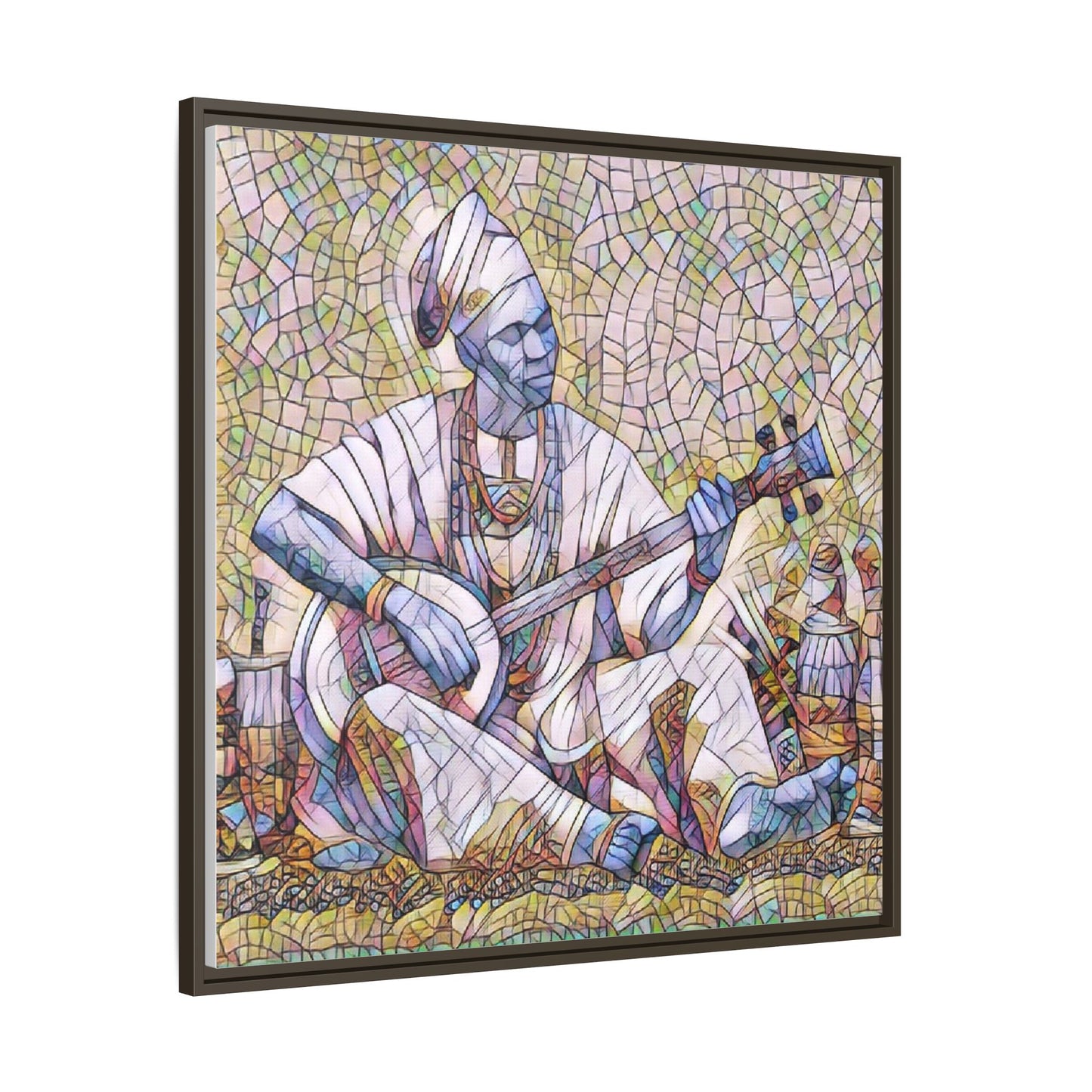 Framed Mosaic Musician Canvas Art — African Griot with Kora