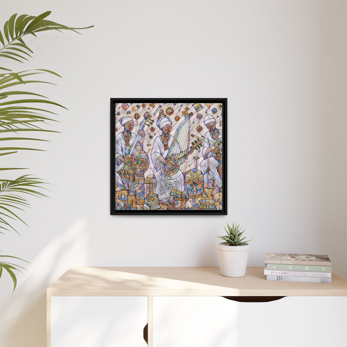 Framed Matte Canvas Print — Colorful African Musicians Stained-Glass Art