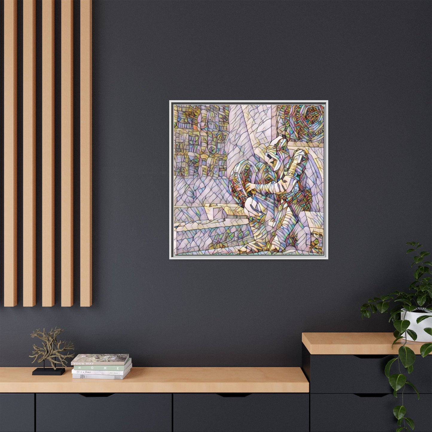 Framed Matte Canvas Art — Colorful Stained-Glass Astronaut Embrace