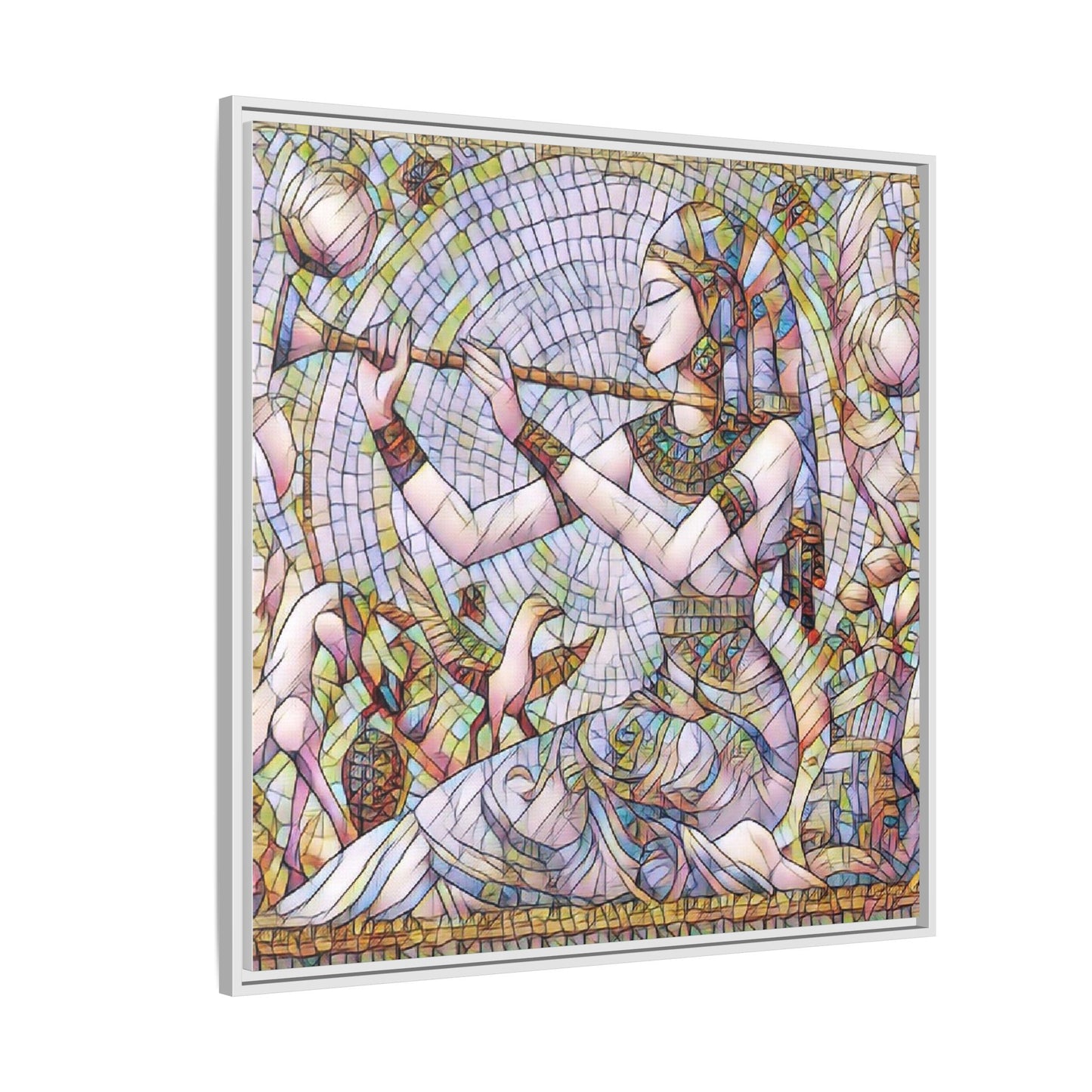 Egyptian Flute Player Framed Canvas Art — Colorful Mosaic Wall Decor