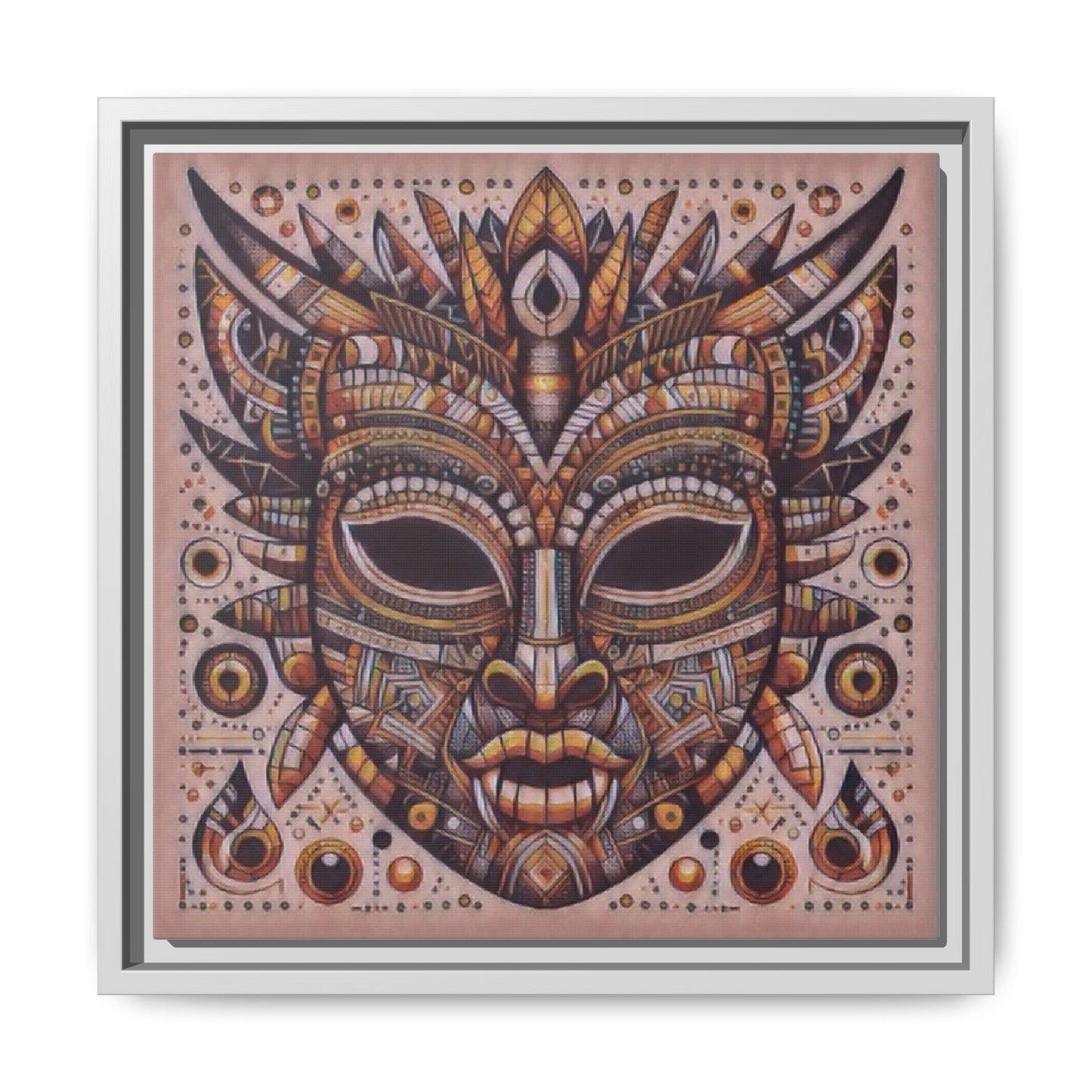 Tribal Mask Framed Canvas Art — Multicolor Matte Wall Decor
