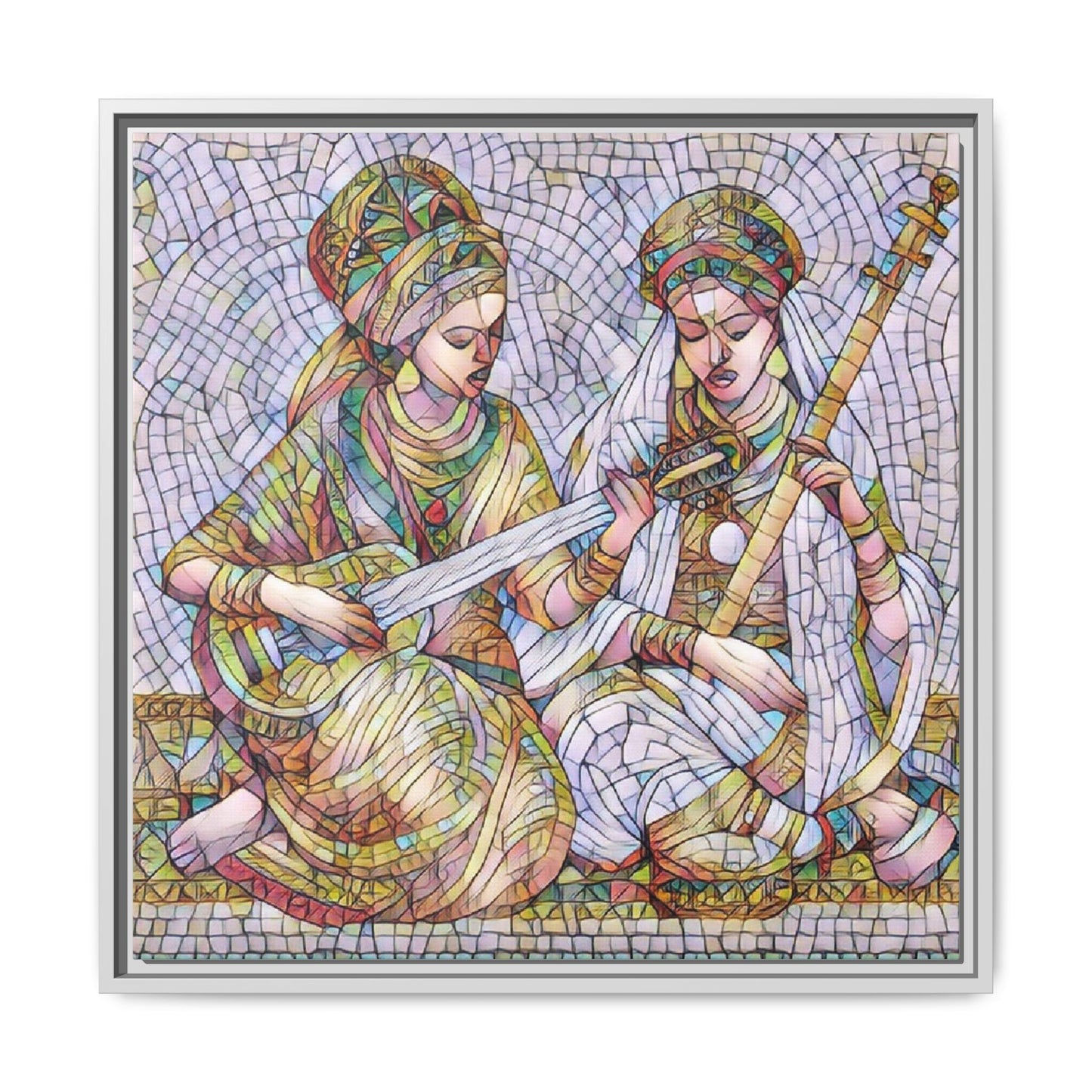 Framed Mosaic Art Print — Two Women Playing Lutes (Matte Canvas)