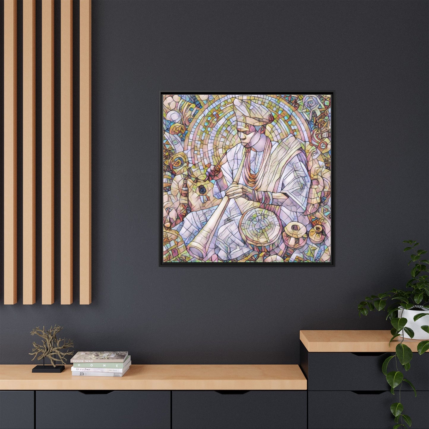 Framed Matte Canvas Print — African Drummer Mosaic Art