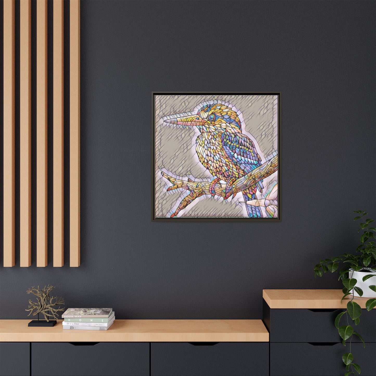 Colorful Kingfisher Framed Canvas Wall Art — Stained-Glass Style Bird Print
