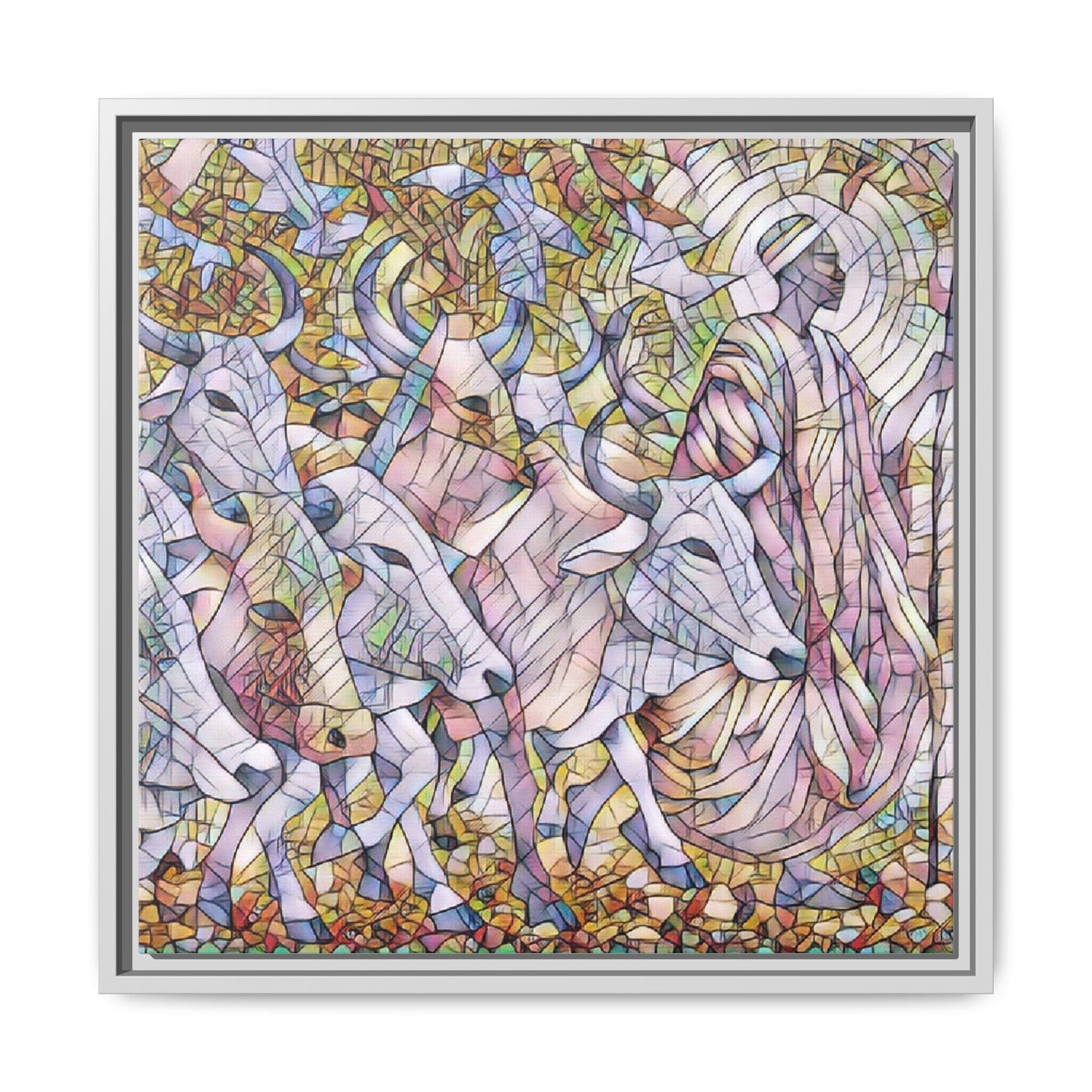 Framed Matte Canvas Art — Stained-Glass Style Cattle Herd