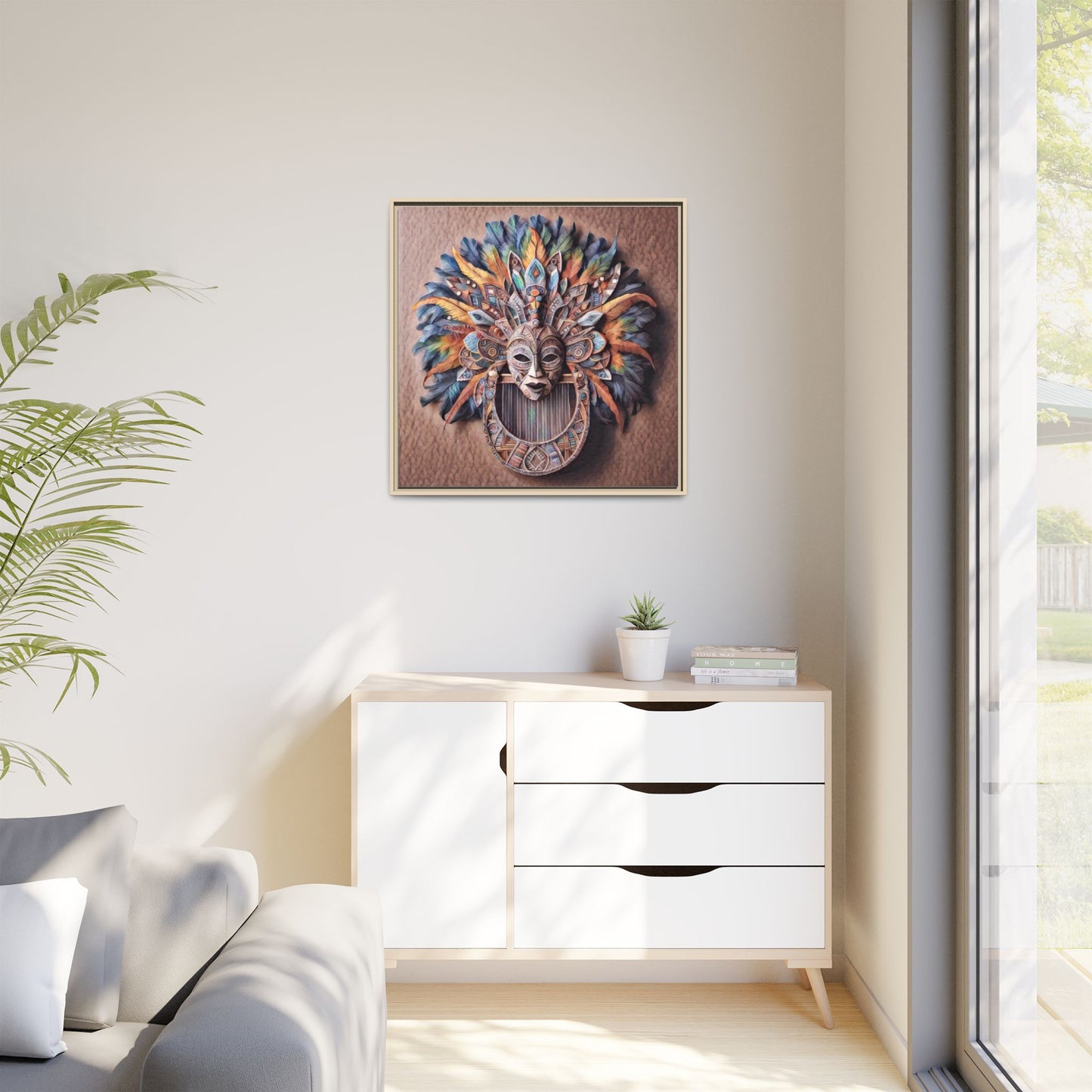 Tribal Feather Mask Framed Canvas Wall Art — Colorful Boho Decorative Print