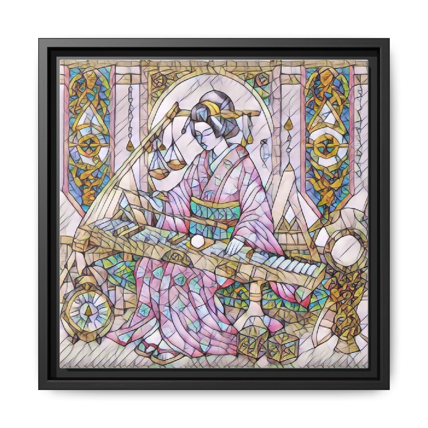 Framed Matte Canvas — Geisha Harp Stained-Glass Art Print