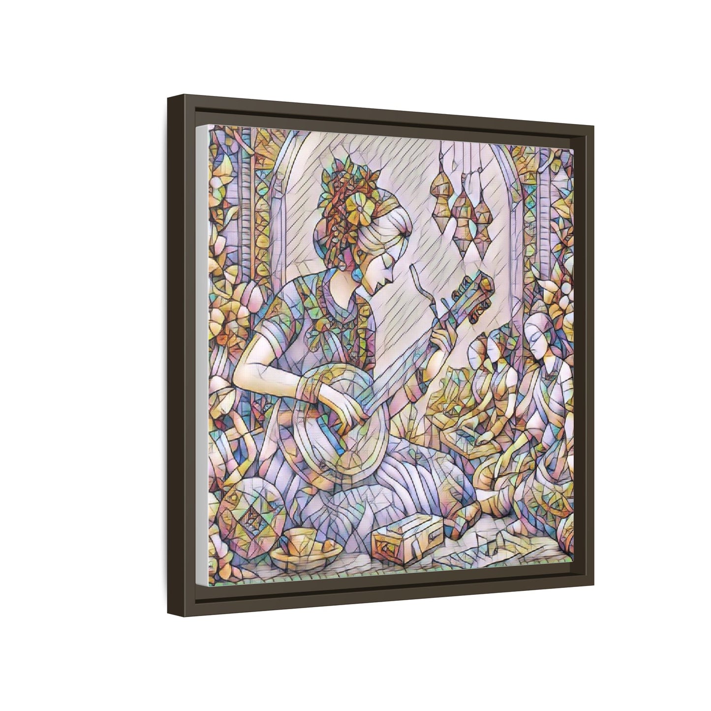 Framed Matte Canvas: Bohemian Woman Playing Lute — Stained-Glass Style Wall Art