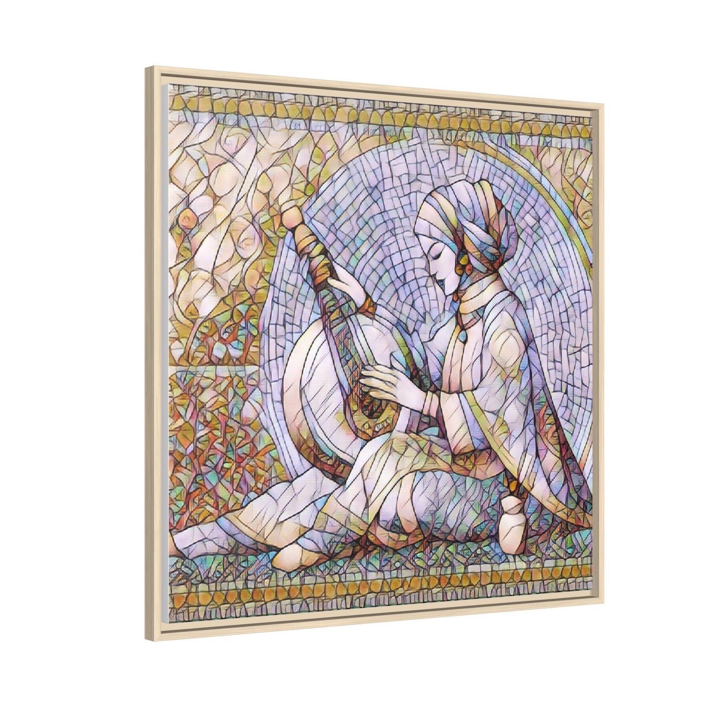 Framed Matte Canvas: Mosaic Lute Player Wall Art — Bohemian Musical Portrait