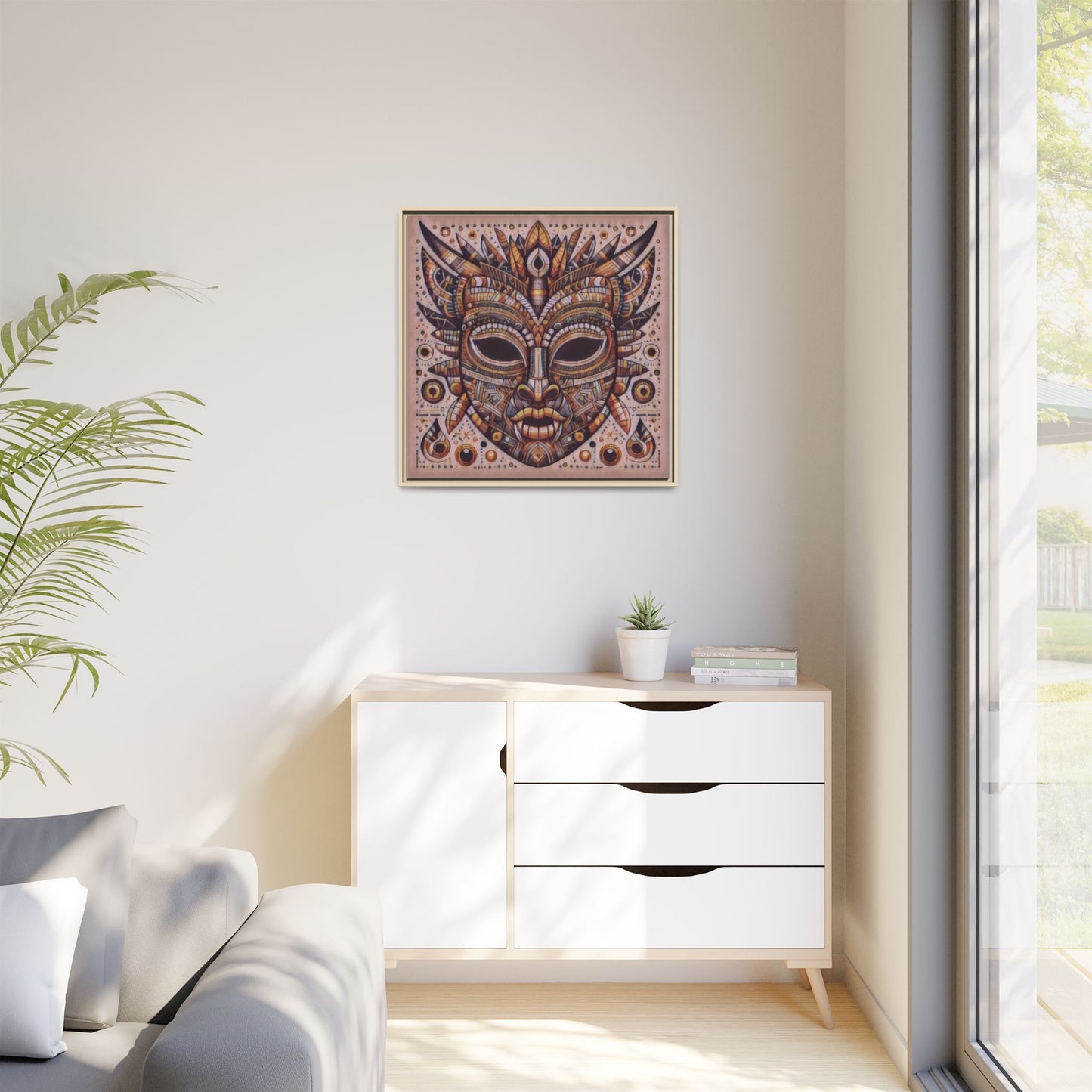 Tribal Mask Framed Canvas Art — Multicolor Matte Wall Decor