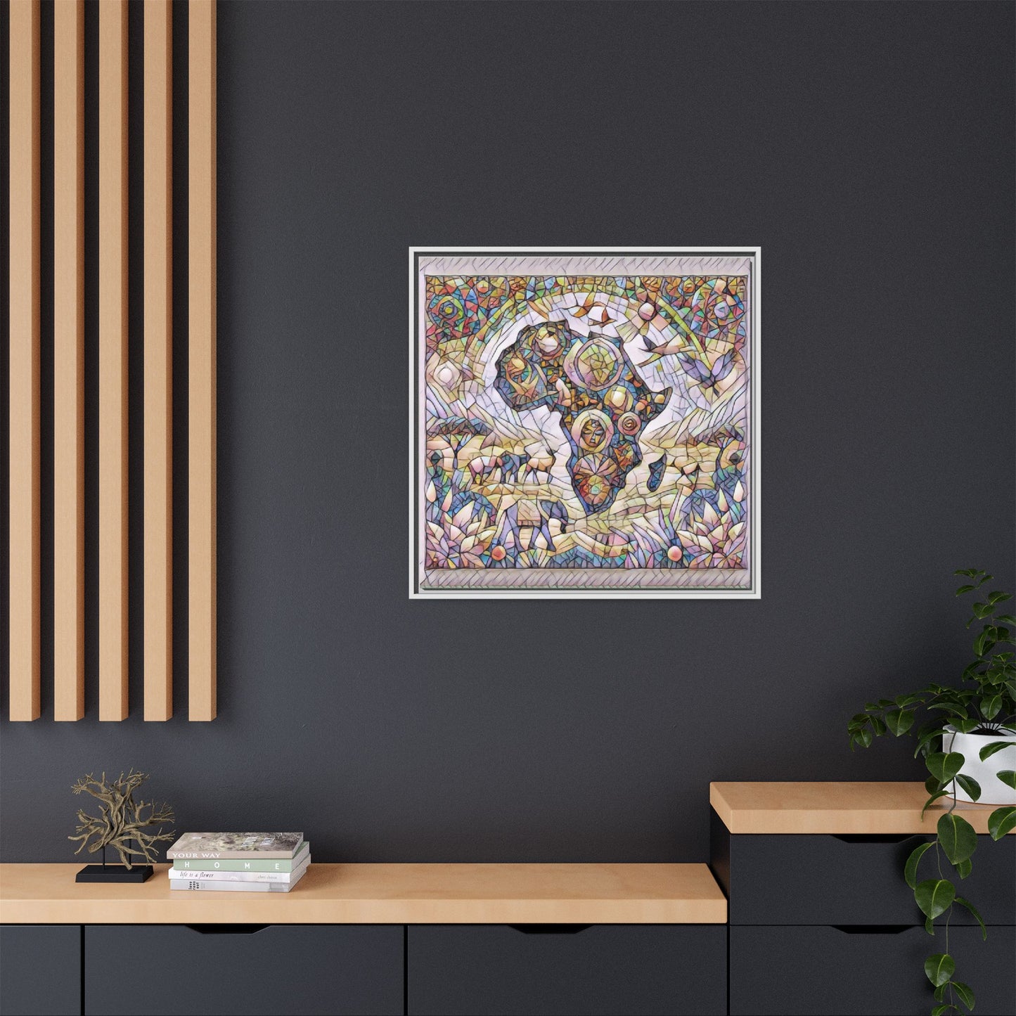 Abstract Mosaic Africa Framed Canvas — Colorful Stained-Glass Wall Art