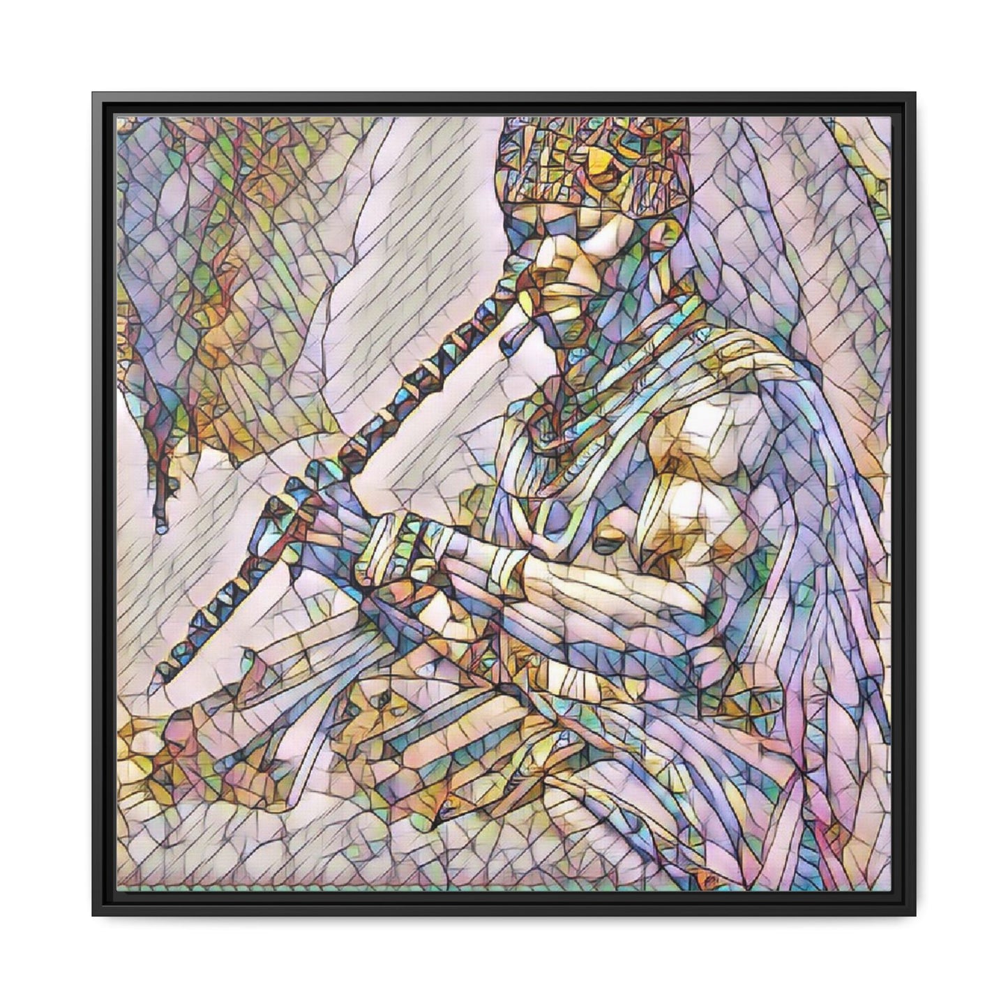 Tribal Flute Musician Stained-Glass Framed Canvas Art
