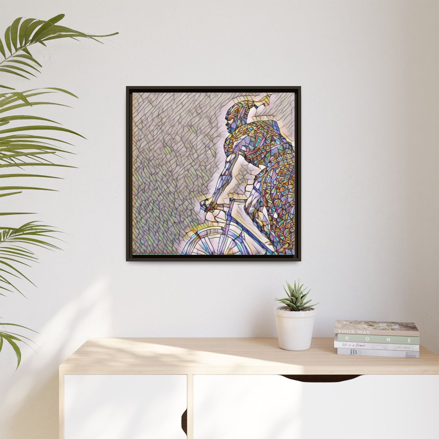 Cyclist Mosaic Matte Canvas Print — Framed Multicolor Bike Art