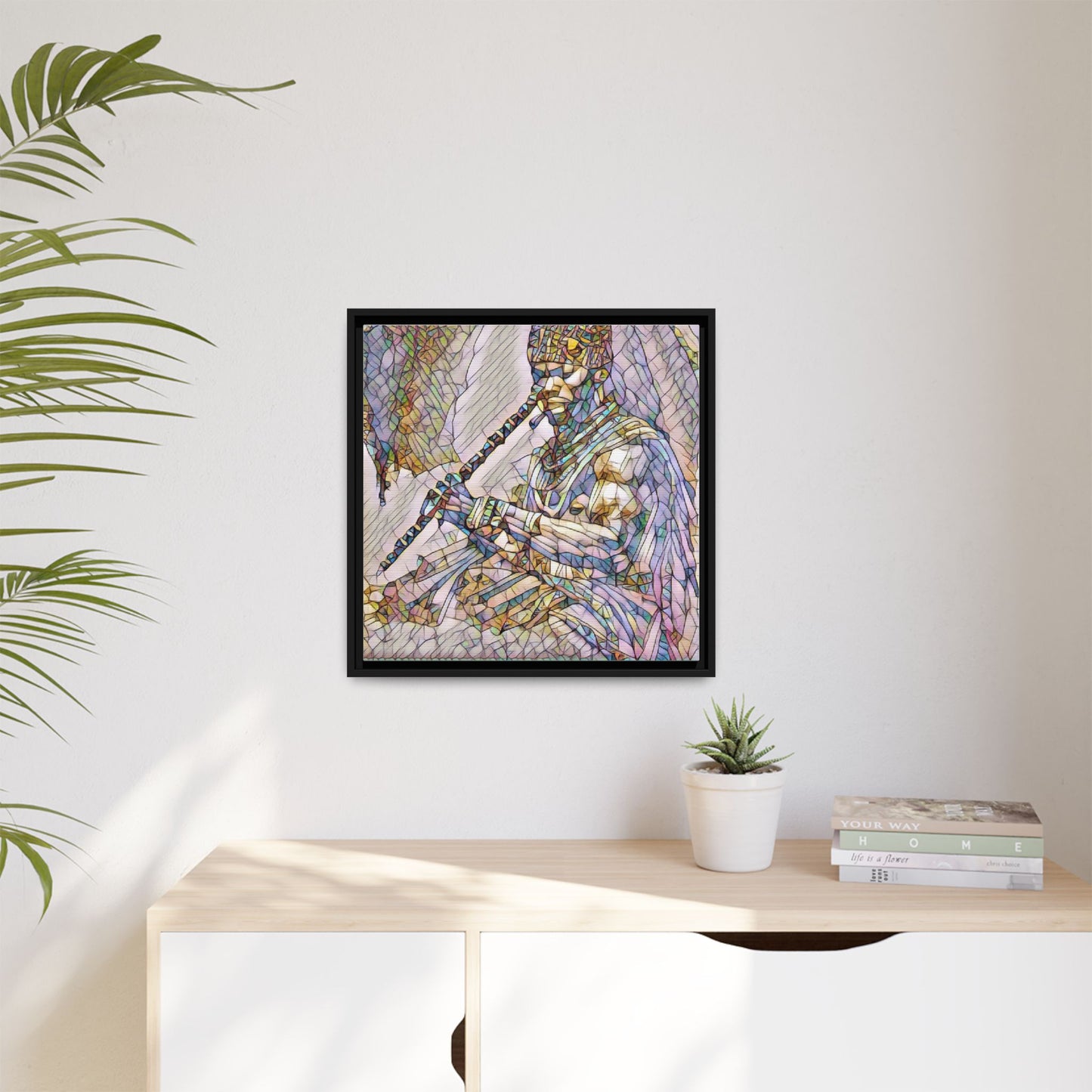 Tribal Flute Musician Stained-Glass Framed Canvas Art