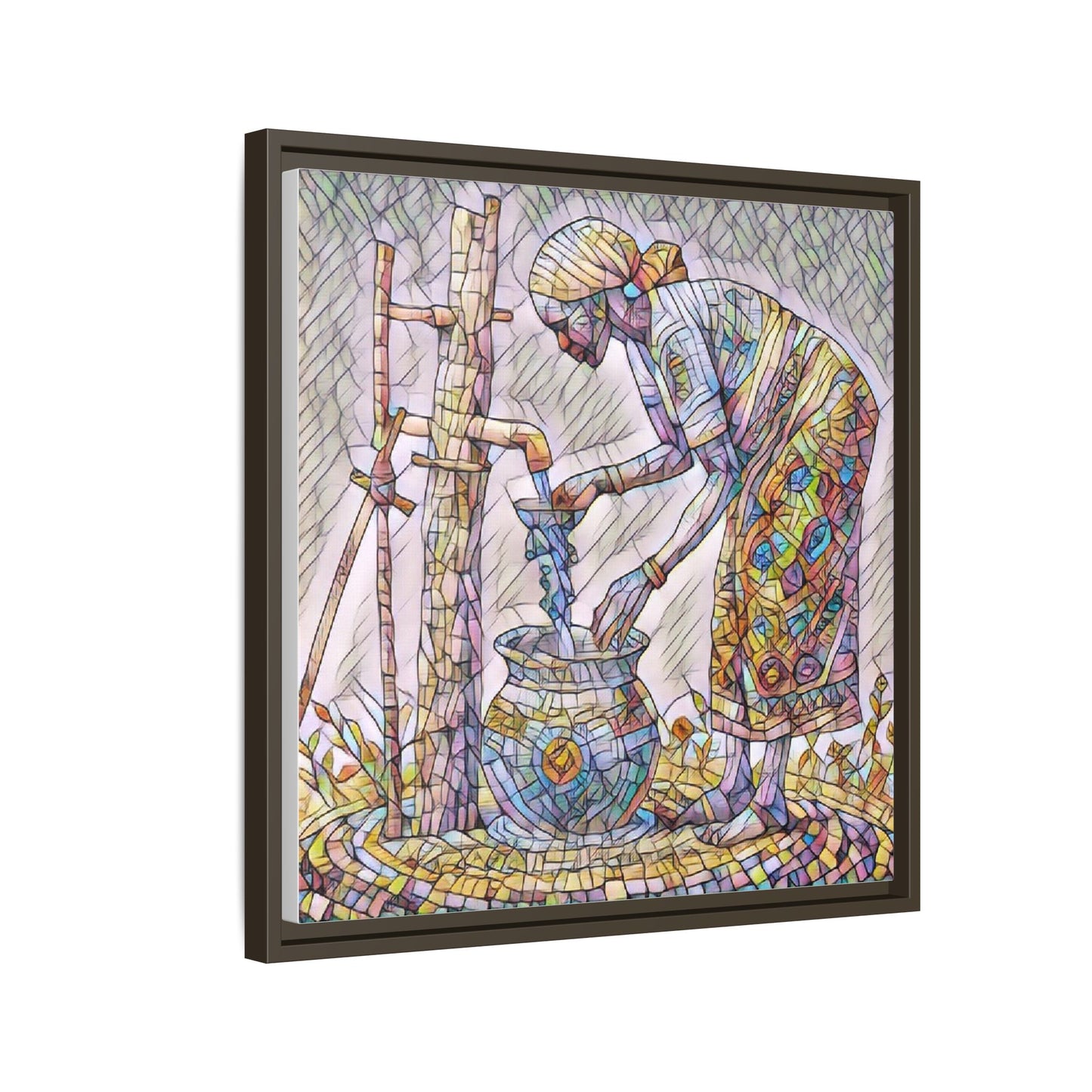 Framed Matte Canvas Art — Colorful Mosaic Woman at Well