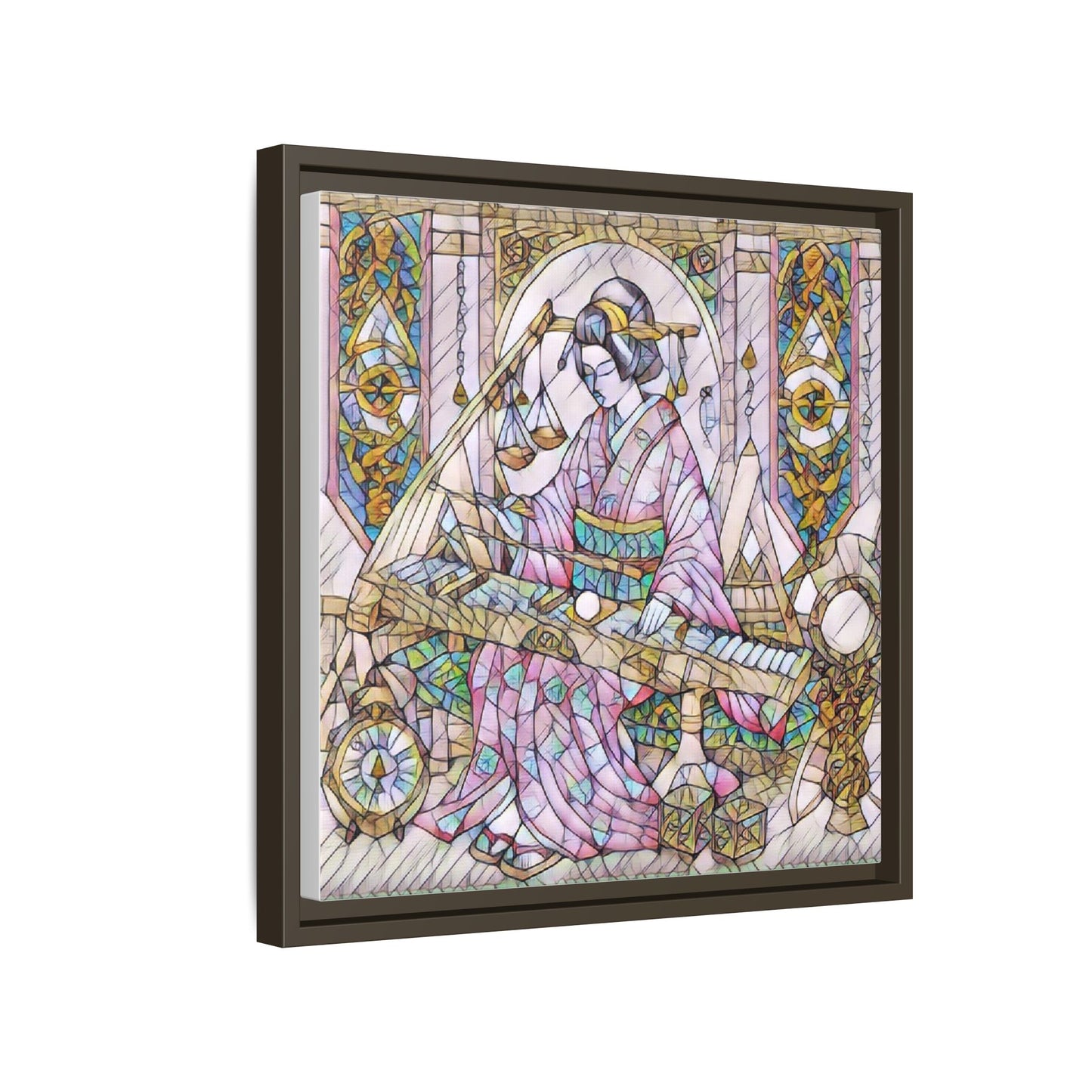 Framed Matte Canvas — Geisha Harp Stained-Glass Art Print
