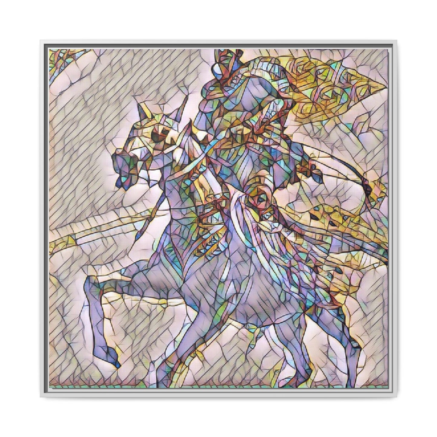 Framed Matte Canvas Art — Stained Glass Knight on Horse Fantasy Wall Decor