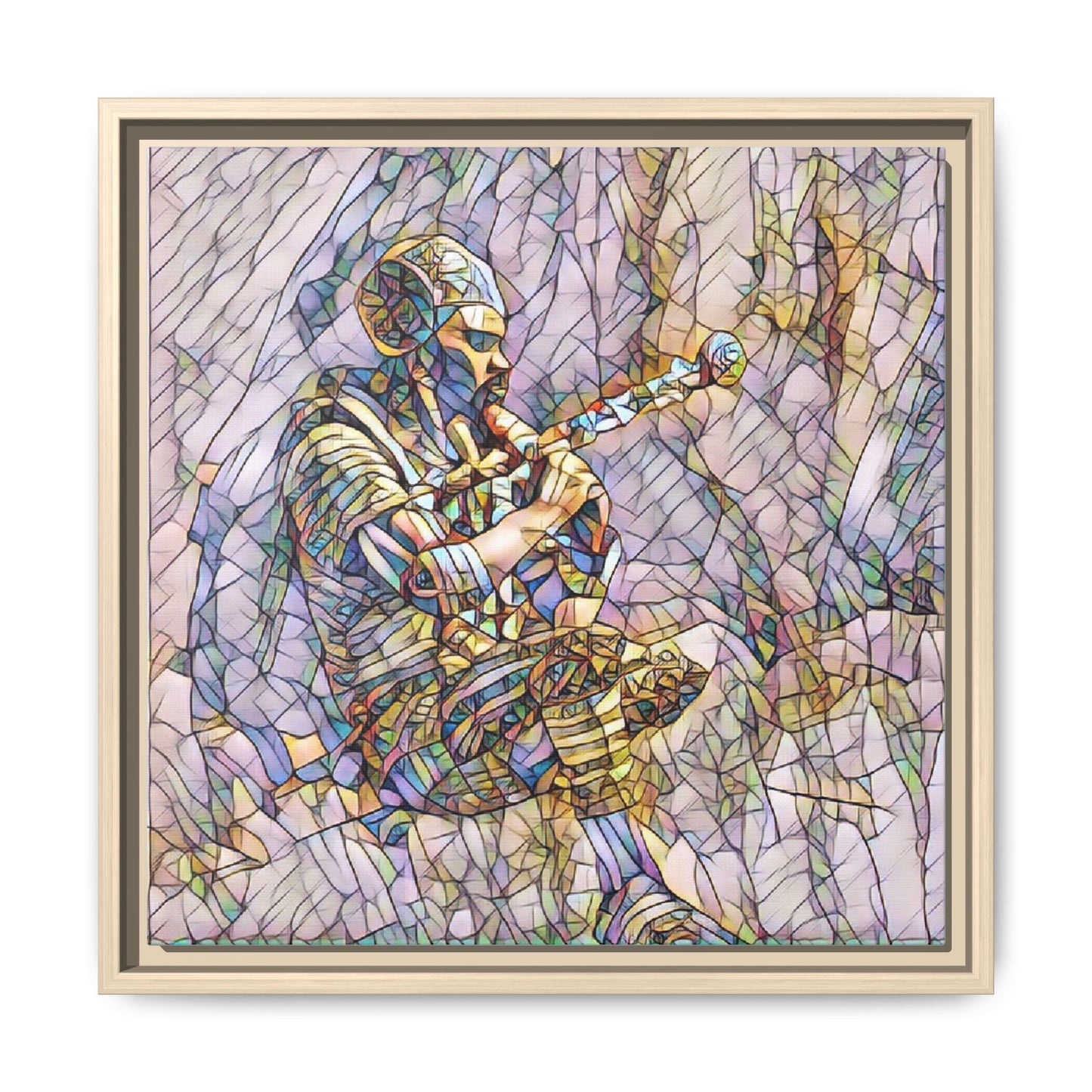 Celtic Piper Framed Matte Canvas — Stained-Glass Style Highland Bagpiper Art