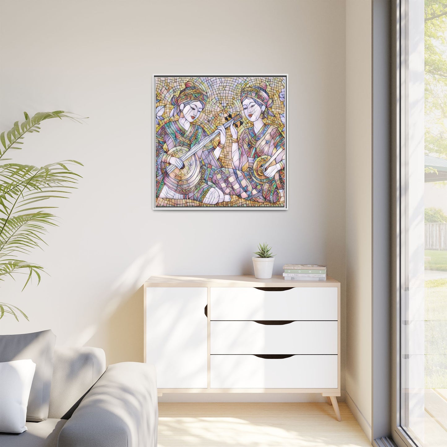 Framed Mosaic Musician Canvas Art — Ethnic Duo Wall Decor