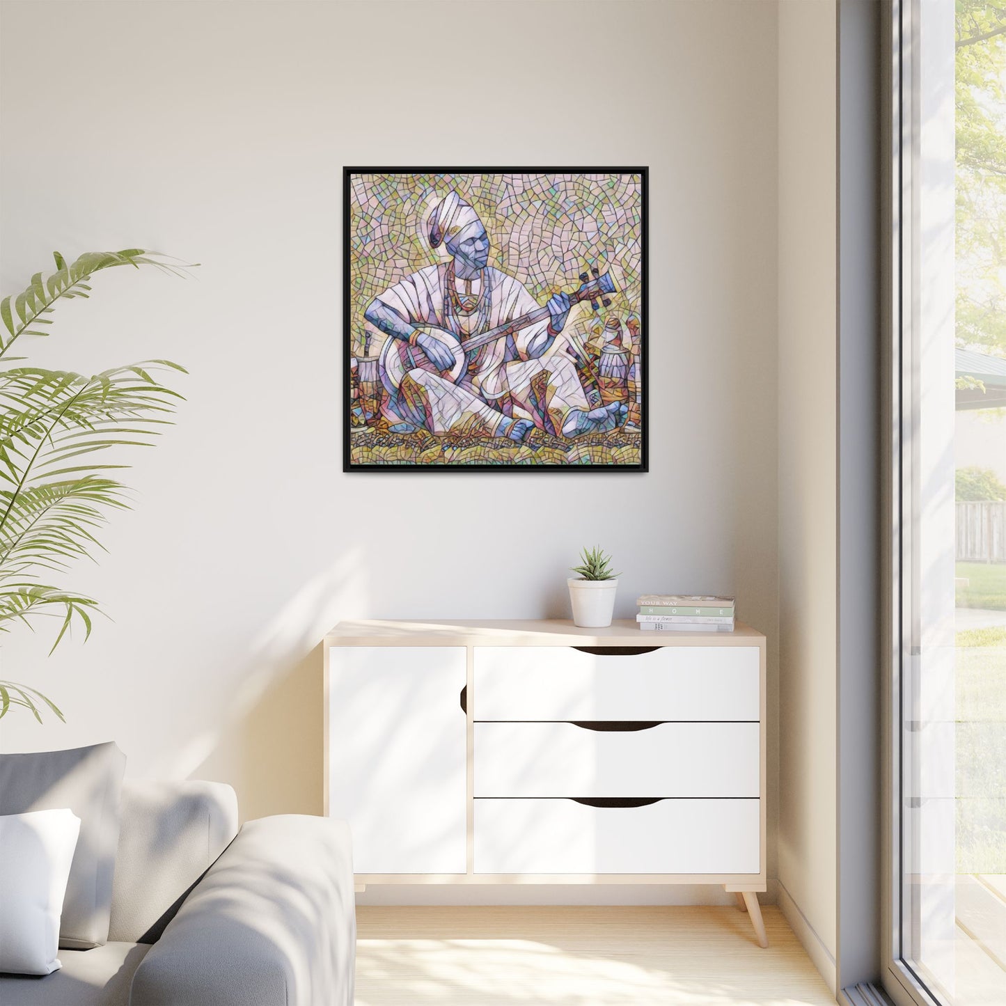 Framed Mosaic Musician Canvas Art — African Griot with Kora