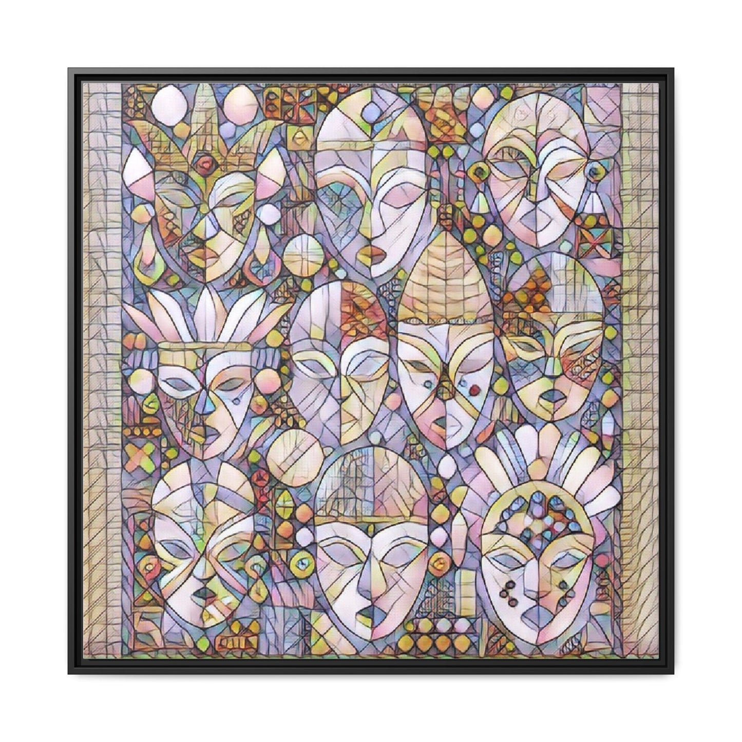 Framed Abstract Mask Art Canvas — Multicolor Stained-Glass Faces Wall Decor