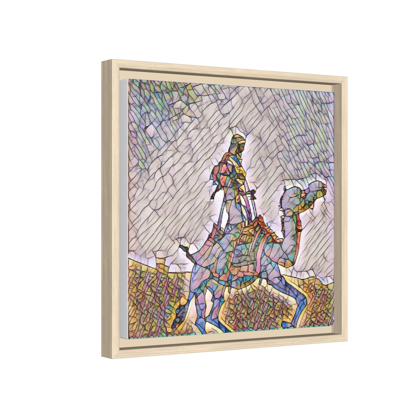 Framed Camel Rider Matte Canvas Art — Colorful Mosaic Desert Wall Decor