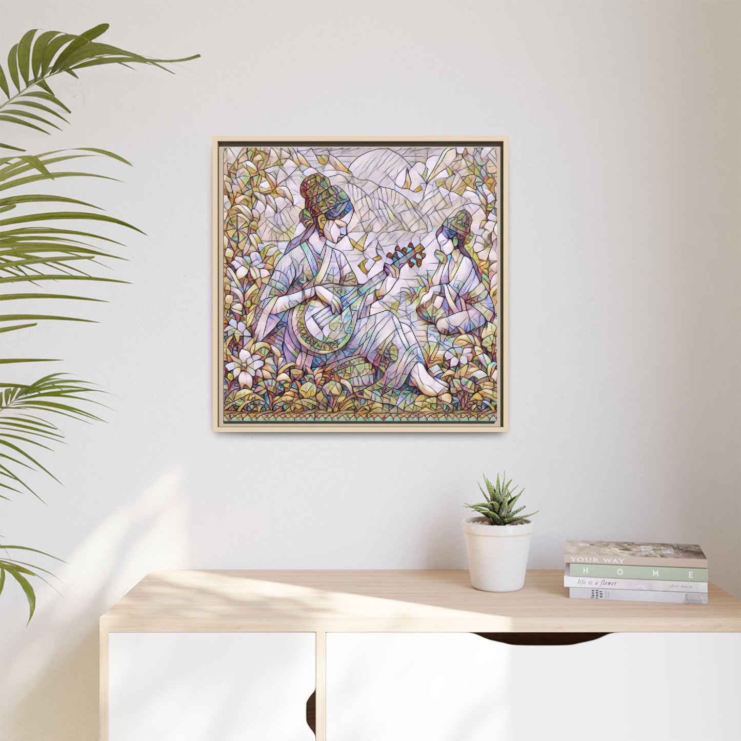 Framed Matte Canvas Art - Vintage Asian Musicians Floral Illustration