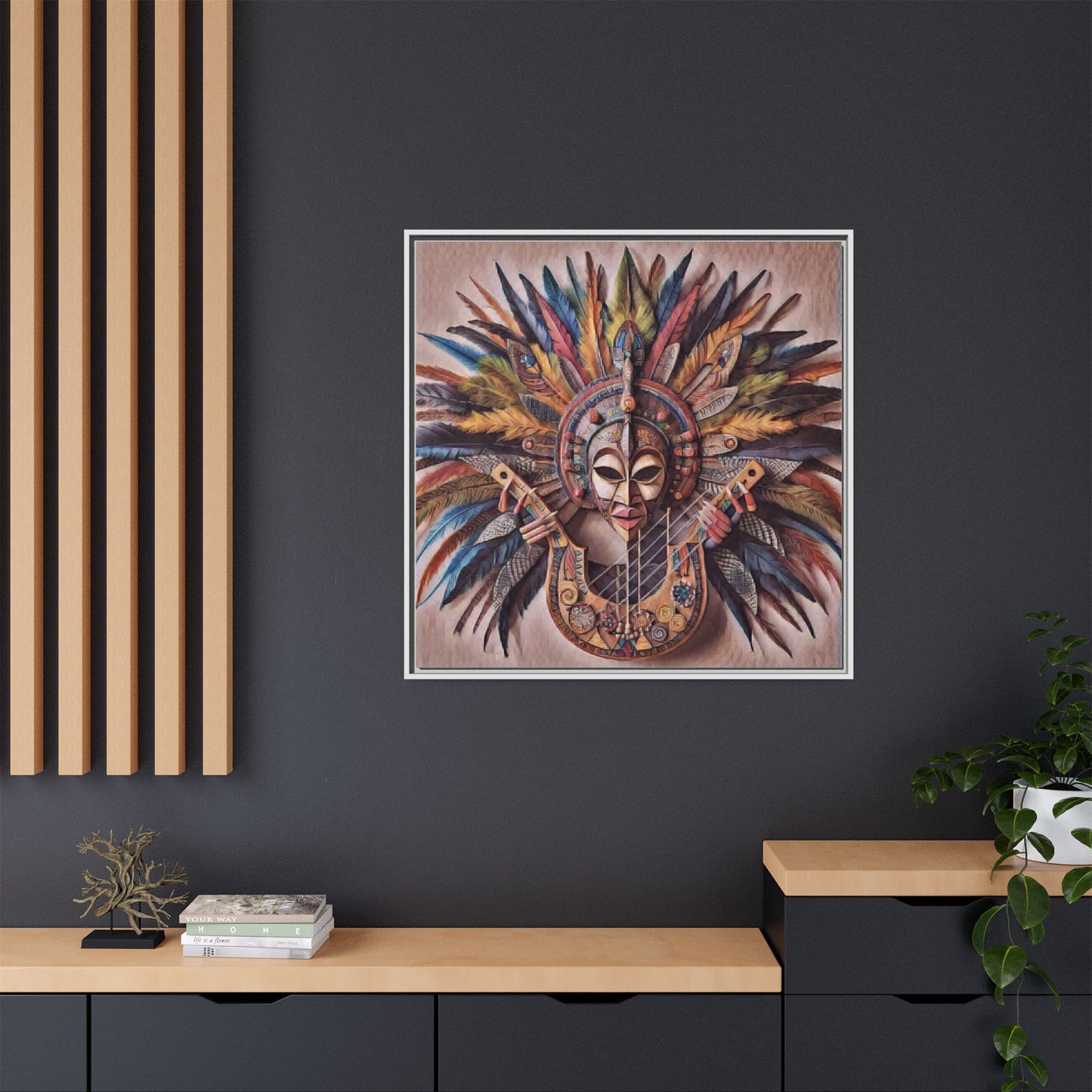 Tribal Feather Mask Guitar Framed Canvas Art — Colorful Boho Wall Decor