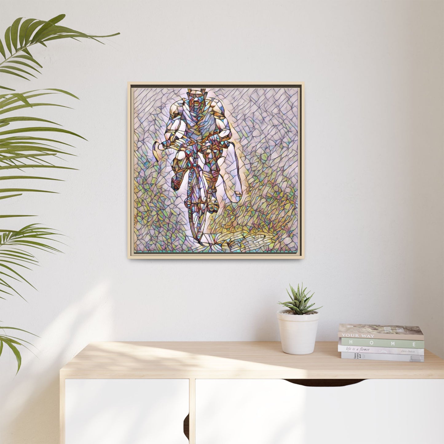 Cyclist Art Print — Framed Matte Canvas Wall Art (Multicolor Stained-Glass Style)
