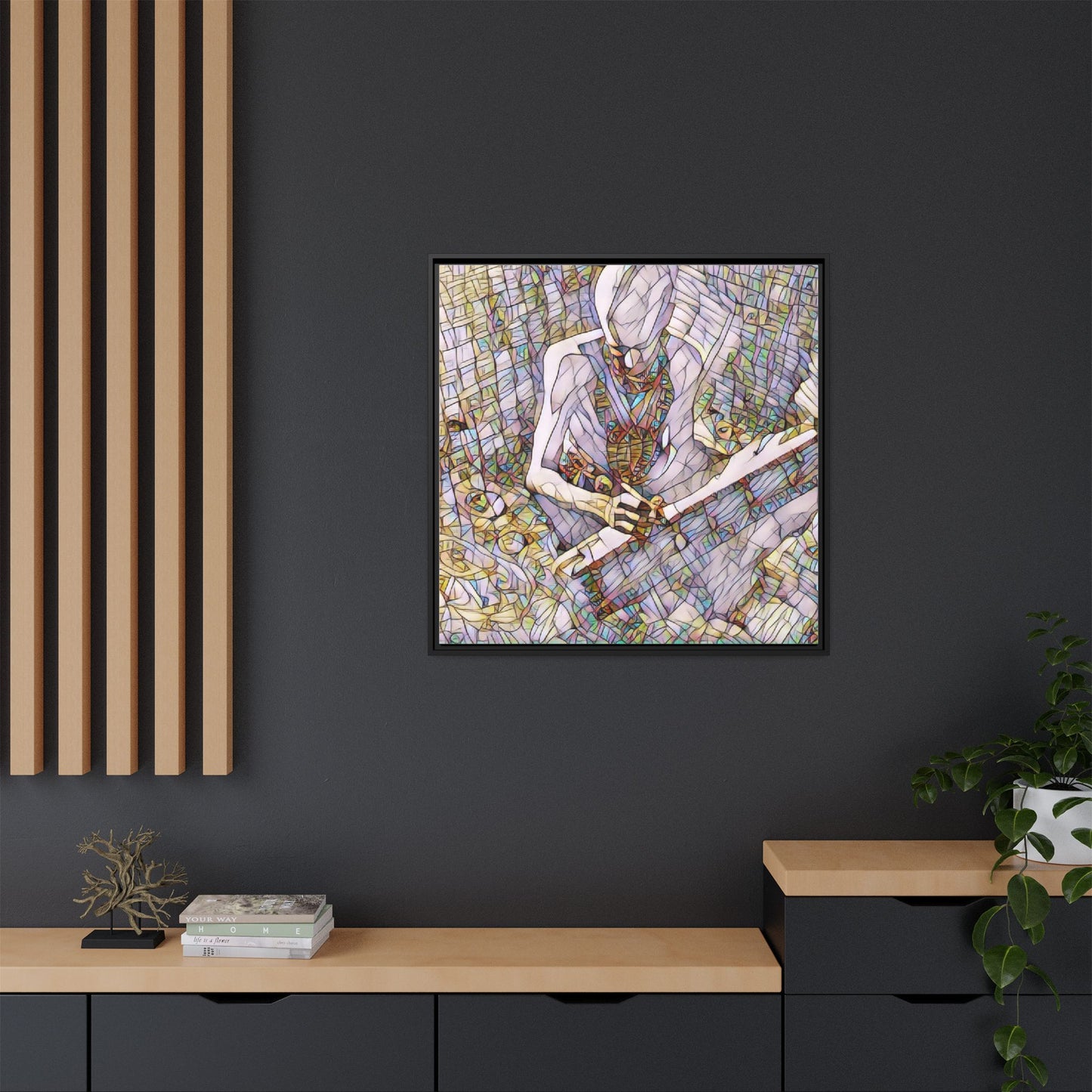 Abstract Fantasy Warrior Matte Framed Canvas — Colorful Stained-Glass Style Art