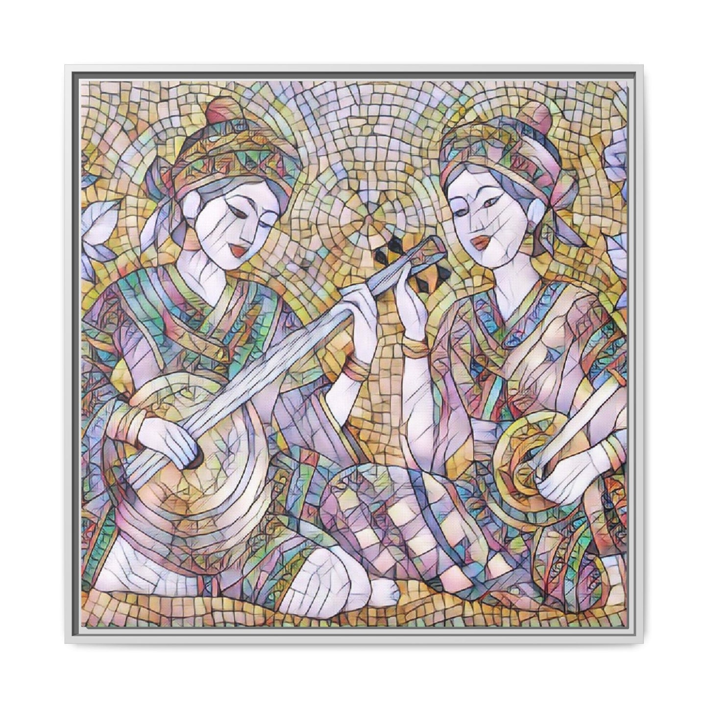 Framed Mosaic Musician Canvas Art — Ethnic Duo Wall Decor
