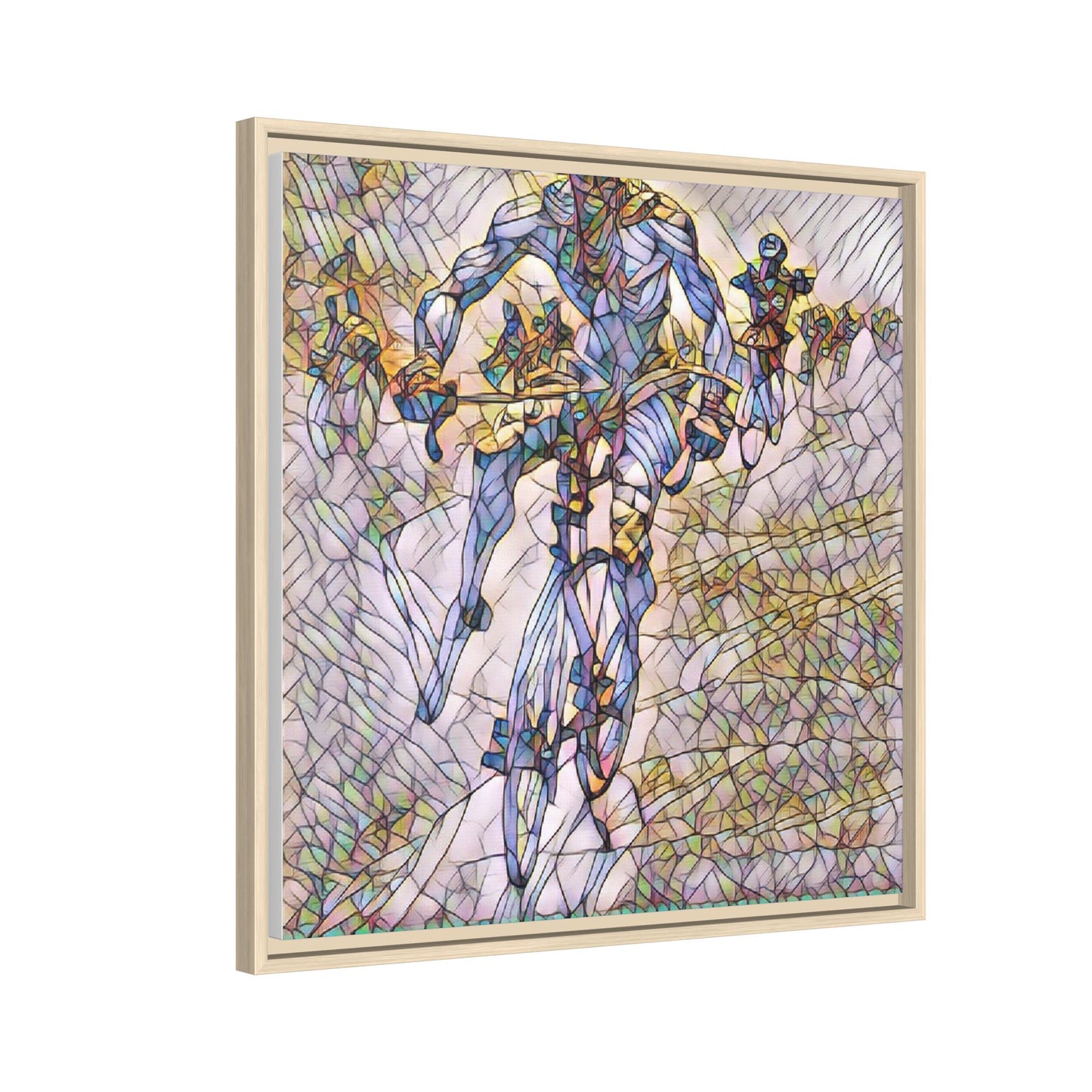 Abstract Cyclist Matte Canvas Framed Art — Colorful Stained-Glass Bike Print