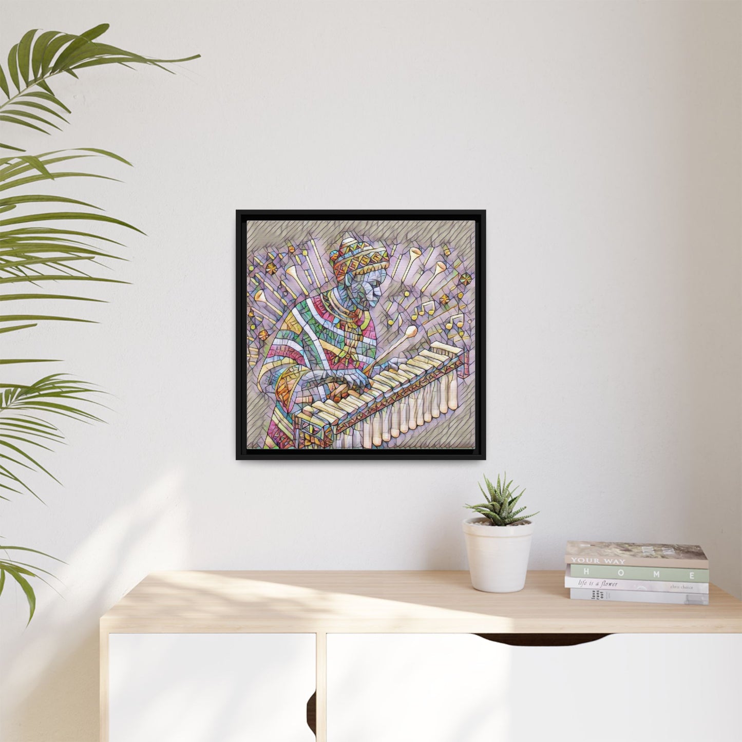Colorful Marimba Musician Matte Framed Canvas — Vibrant African Instrument Wall Art