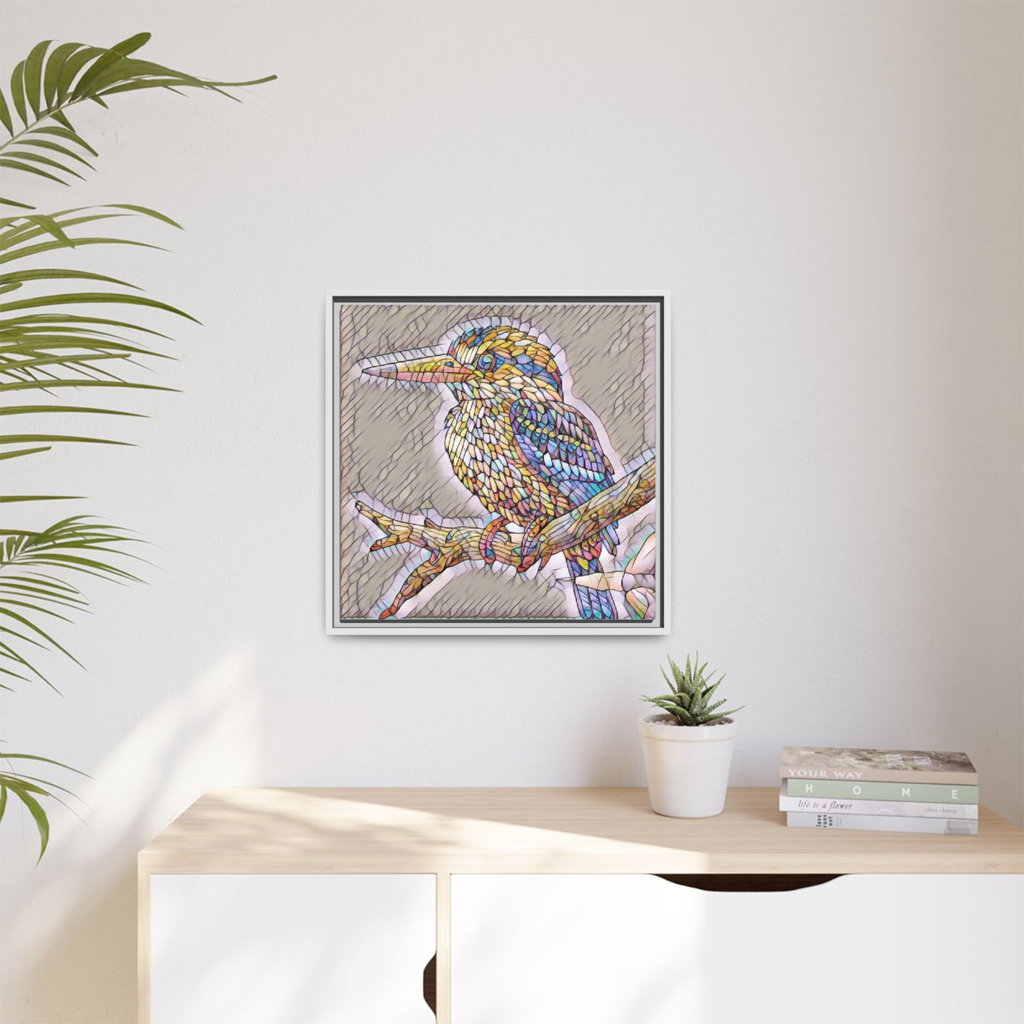 Colorful Kingfisher Framed Canvas Wall Art — Stained-Glass Style Bird Print