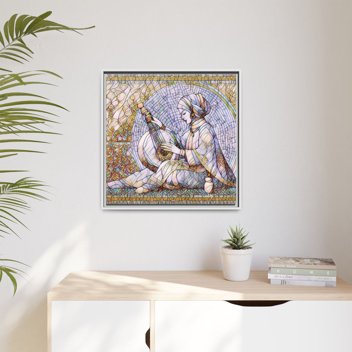 Framed Matte Canvas: Mosaic Lute Player Wall Art — Bohemian Musical Portrait