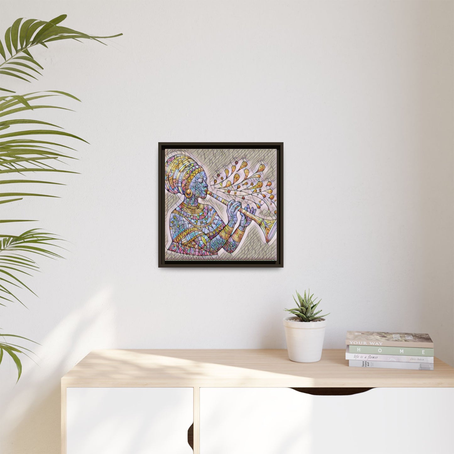 Framed Matte Canvas Art – Colorful African Musician Trumpet Print