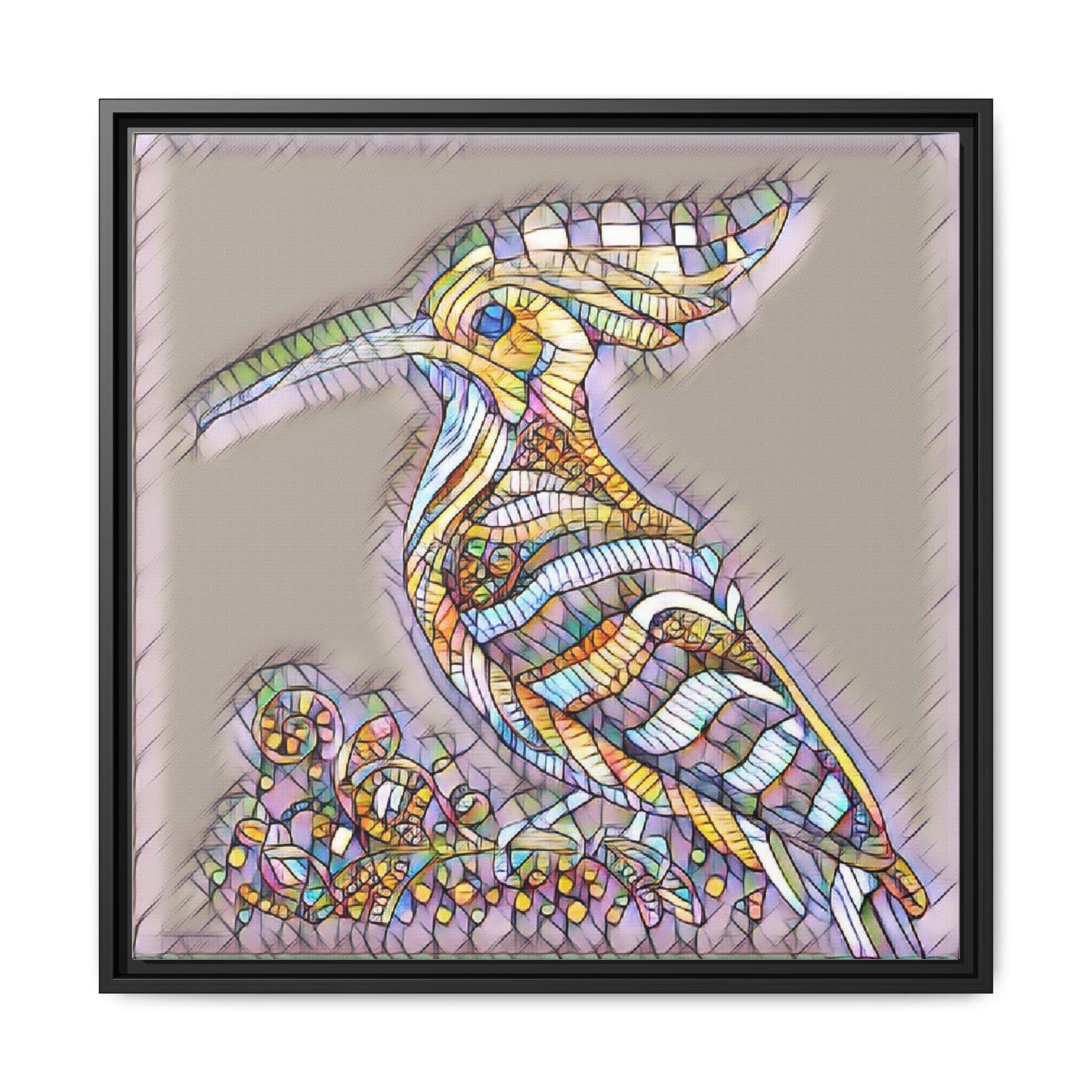 Colorful Mosaic Bird Framed Canvas Art — Whimsical Hoopoe Wall Decor
