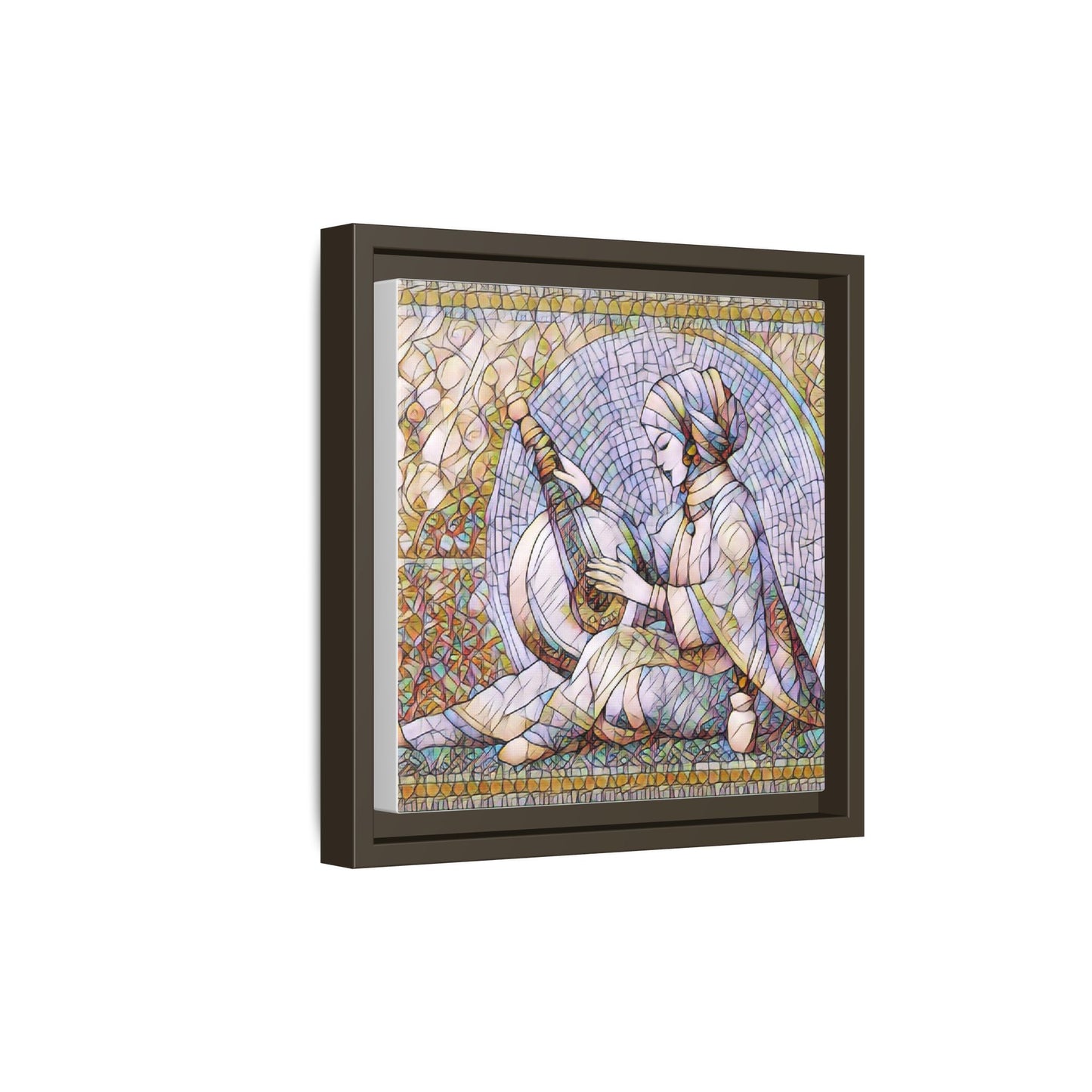 Framed Matte Canvas: Mosaic Lute Player Wall Art — Bohemian Musical Portrait