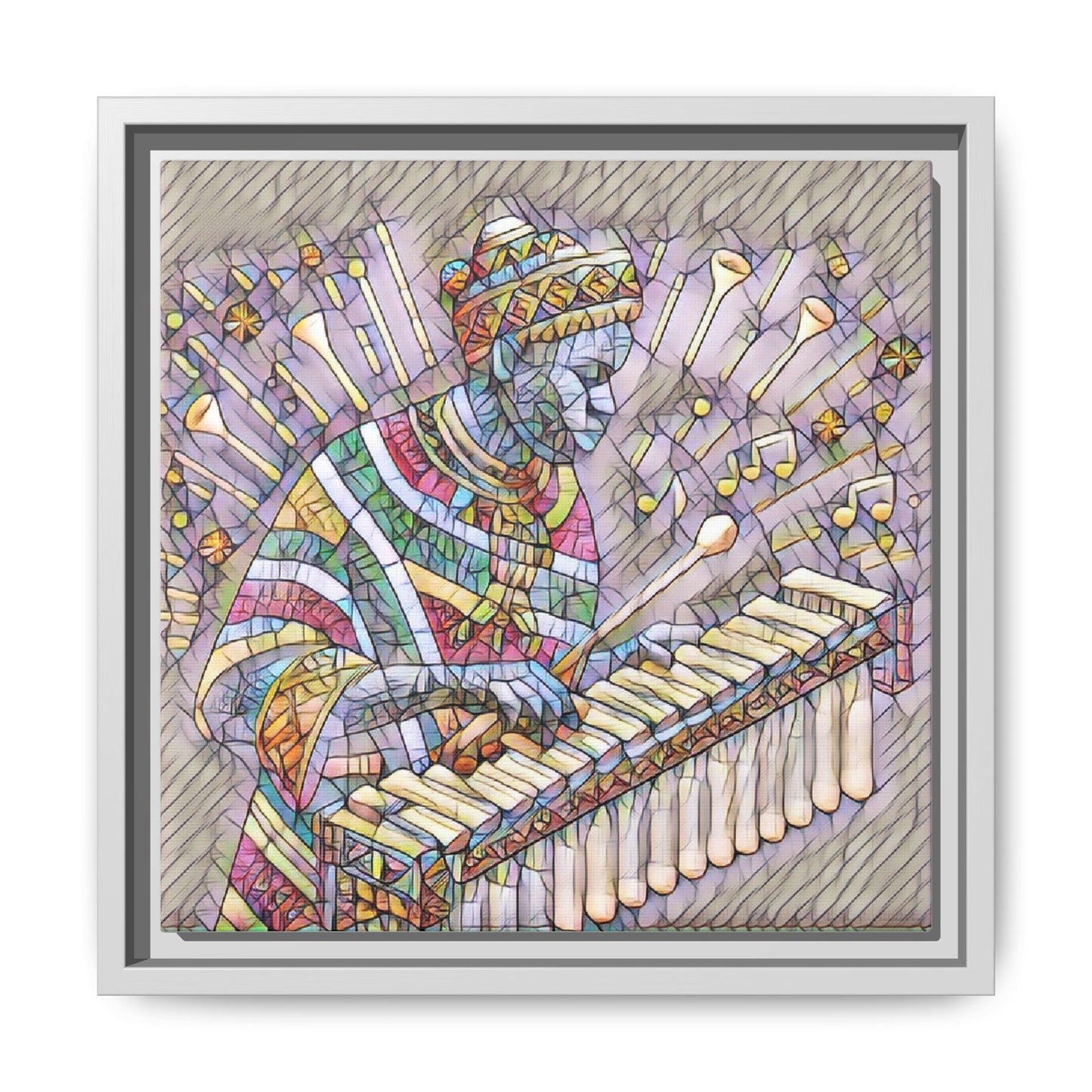 Colorful Marimba Musician Matte Framed Canvas — Vibrant African Instrument Wall Art