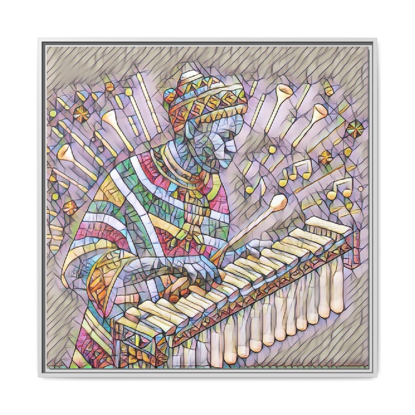 Colorful Marimba Musician Matte Framed Canvas — Vibrant African Instrument Wall Art